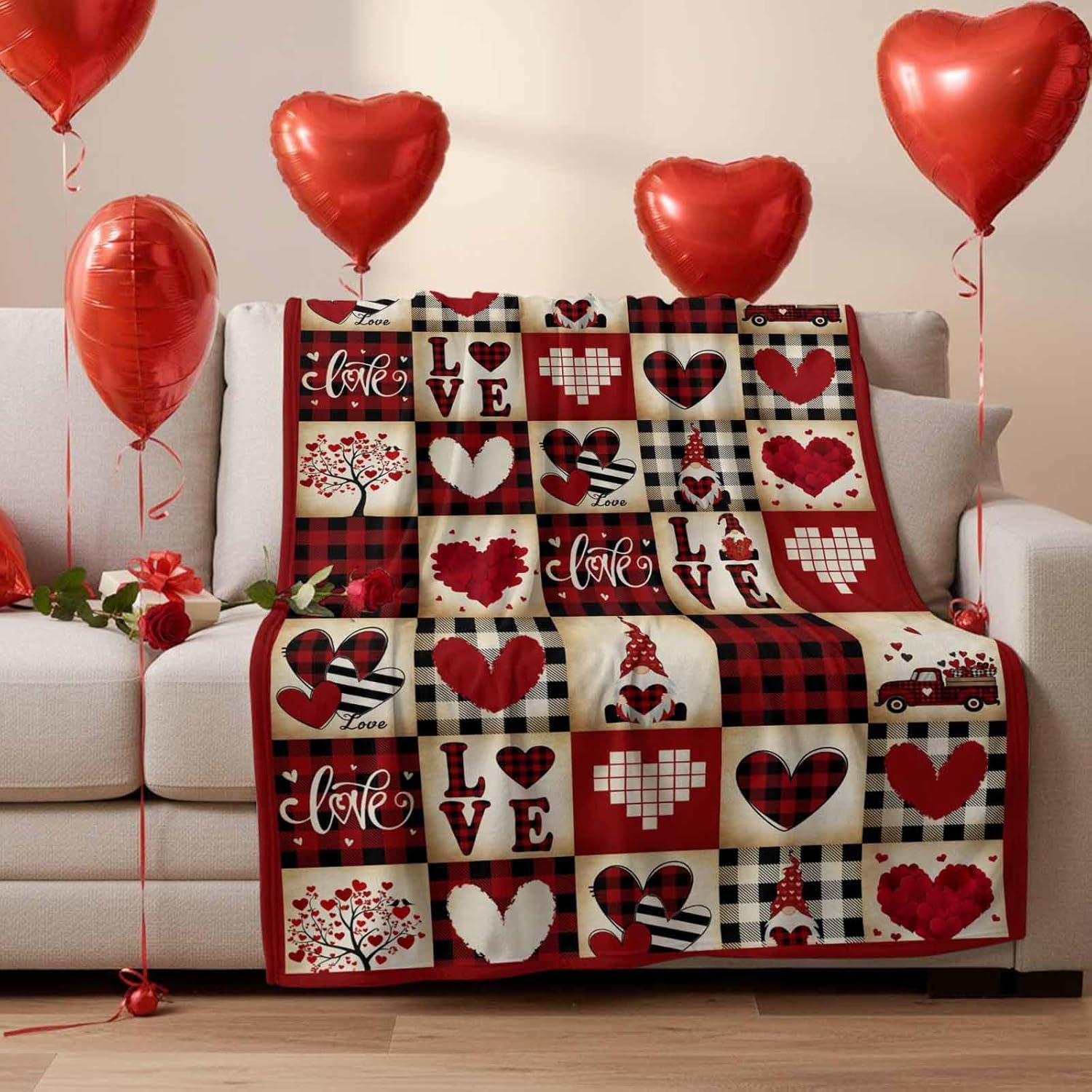 Vintage Buffalo Plaid Flannel Fleece Blankets,Valentines Romantic Gnome Love Luxury Comfort Soft Throw Blanket Mother's Day Retro Heart Checkered Cozy Warm Bed Throws for Sofa Couch Chair 60x80In
