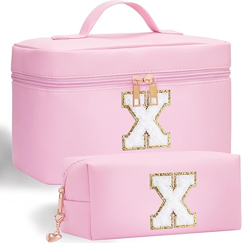 Miniatura 29 de Bolsa de maquillaje con inicial, 2 bolsas de maquillaje con iniciales para mujeres y niñas, bolsa de cosméticos personalizada con monograma