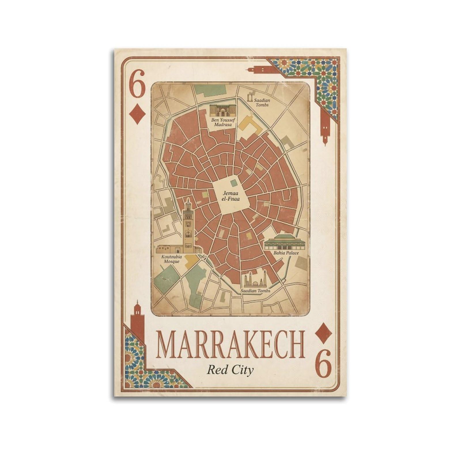 OKNGB Vintage City Map Poster Marrakech Morocco Red City Playing Card Style Decorative Painting Canvas Art Picture 16x24inch(40x60cm)