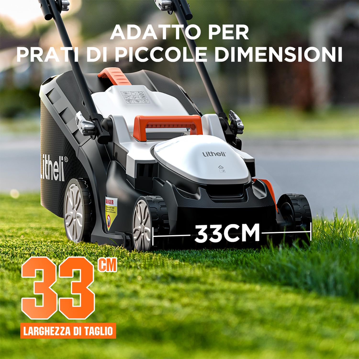 Litheli Tagliaerba Tosaerba a Batteria 33cm, 1x 20V Batteria 5.0Ah, Altezza Regolabile 25-65mm, Sacco 30L, per Prati Fino a 300m²