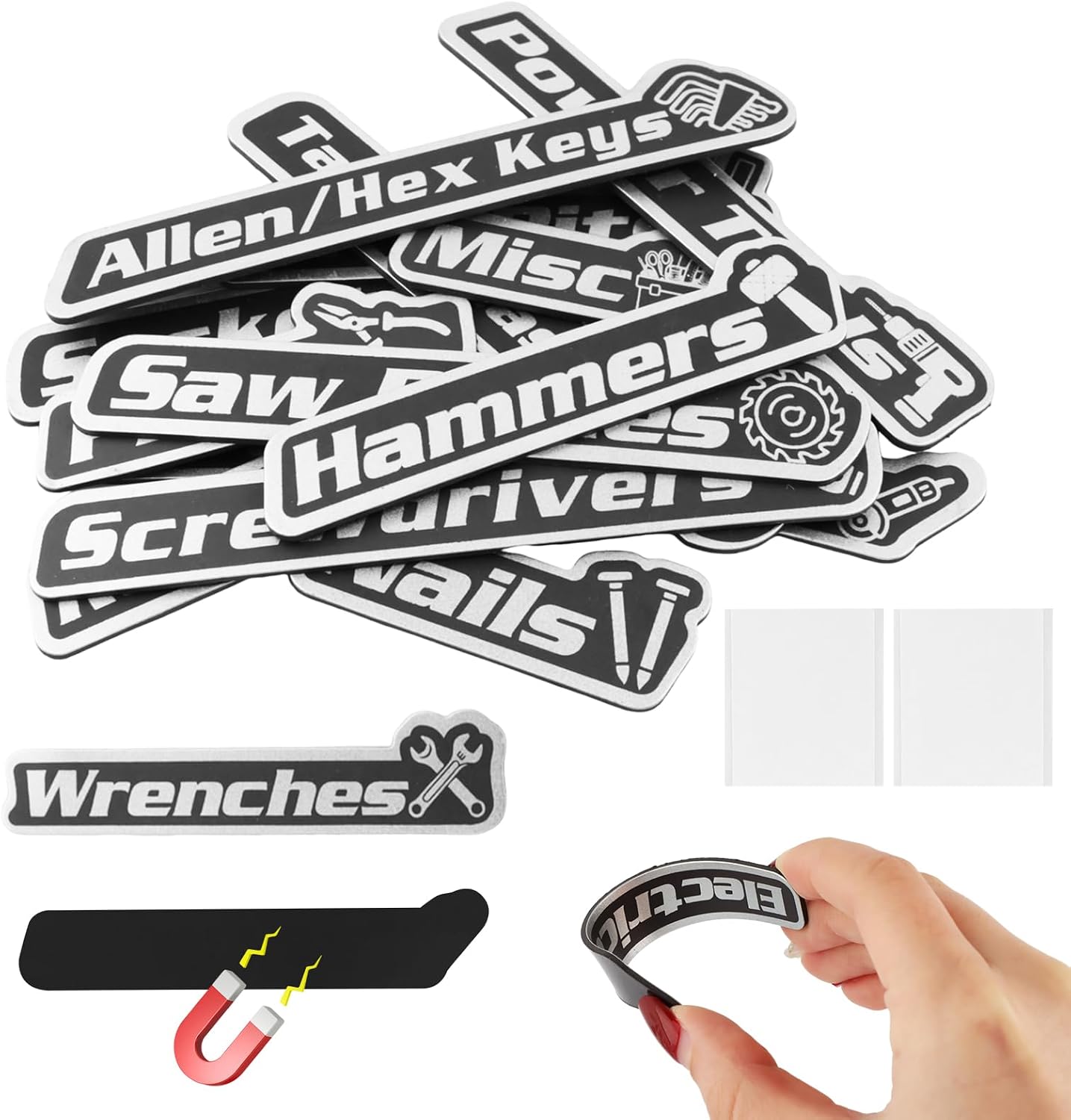 Magnetic Toolbox Labels, 15 PCS General Tool Box Organize Accessories, 3D-Printed Organization Labels, Reusable Tags with Double Sided Tapes for Steel Toolboxes, Carts, Drawers and Cabinets