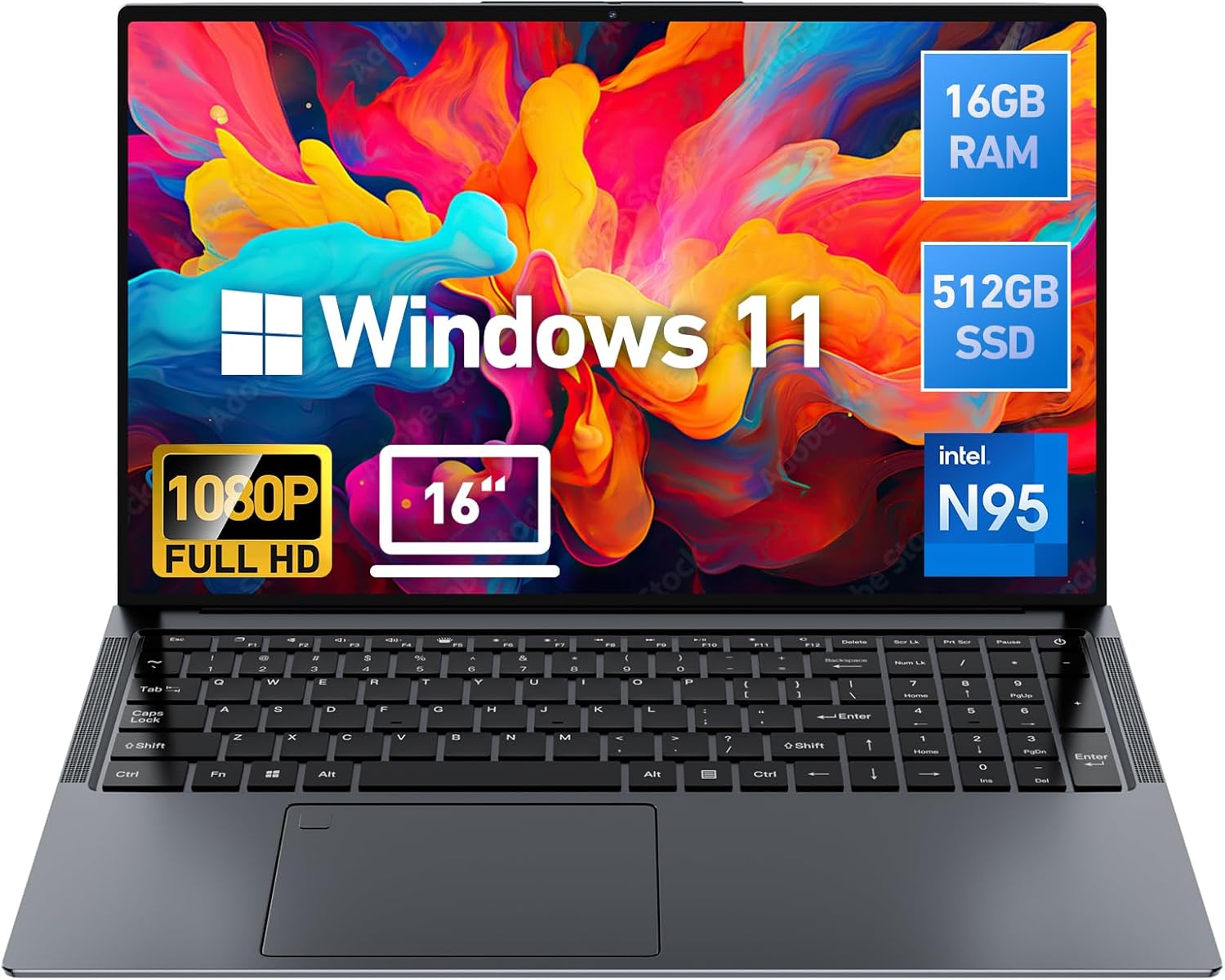 2025 New 16” Laptop Windows 11, Intel N95 Processor(Max 3.4GHz), 16GB RAM 512GB SSD, 1080P Full HD Display, Backlit Keyboard, Fingerprint, USB3.0, Type-C, HDMI, WiFi, BT, Webcam, Gray