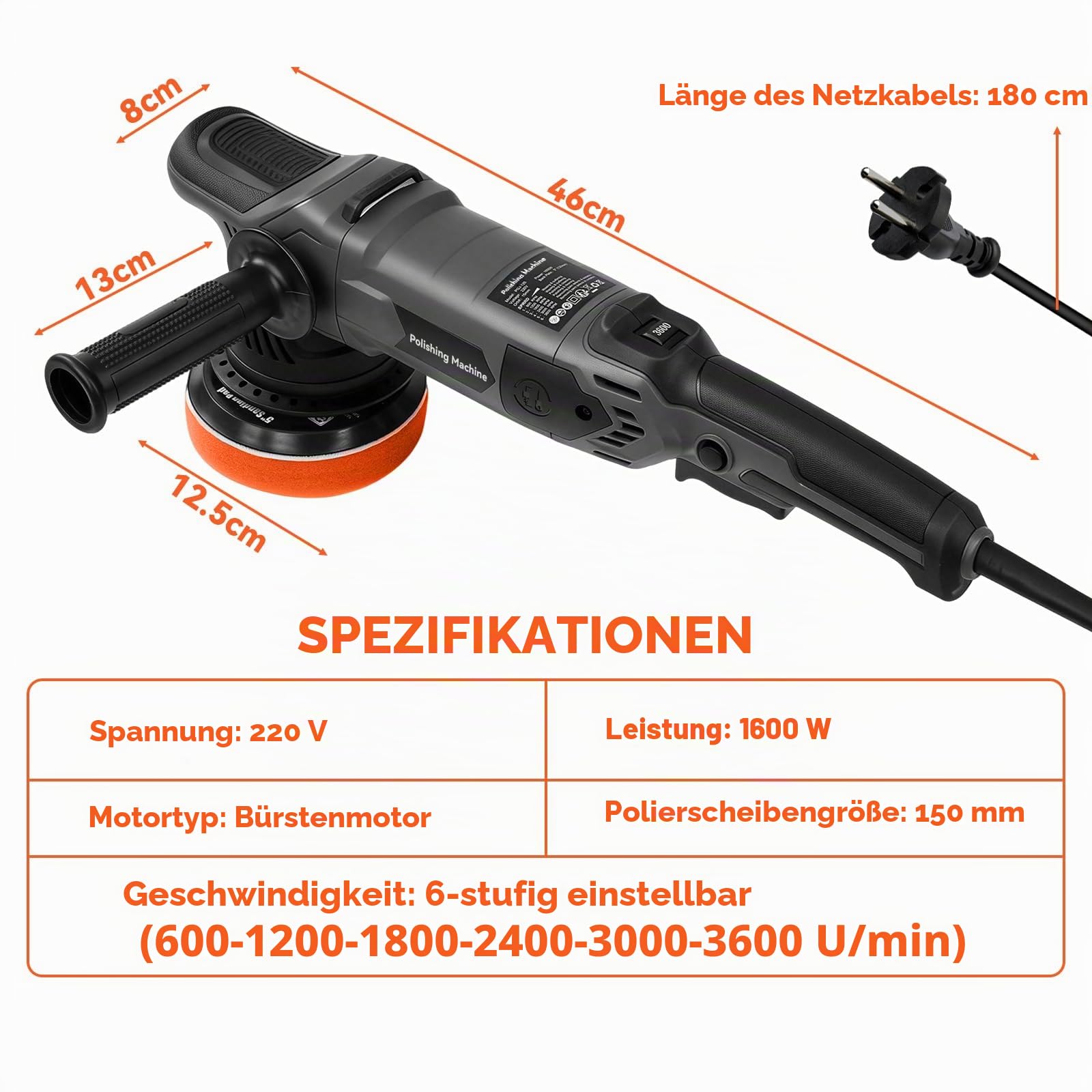 Exzenterpoliermaschine 15mm Wurf, 6-Stufige Geschwindigkeitsregelung 600-3600 U/min, 1600W Langwurfpoliermaschine Set mit 6 Pads für Auto Lackreparatur, Ergonomischer Griff, 4M Kabel