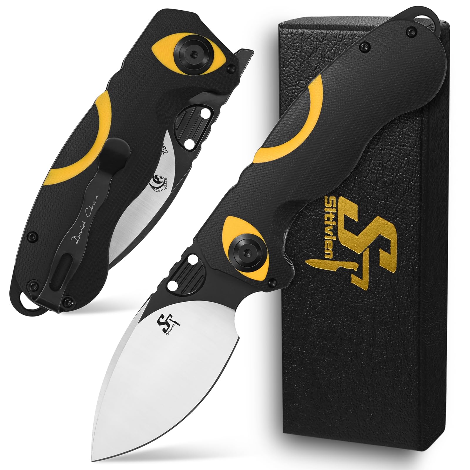 Sitivien ST162 Folding Knife,AUS-10 Steel Blade with G10 Handle Pocket Knife EDC Tool Knife for Outdoor Camping,Hiking,Hunting,Fishing(Yellow)