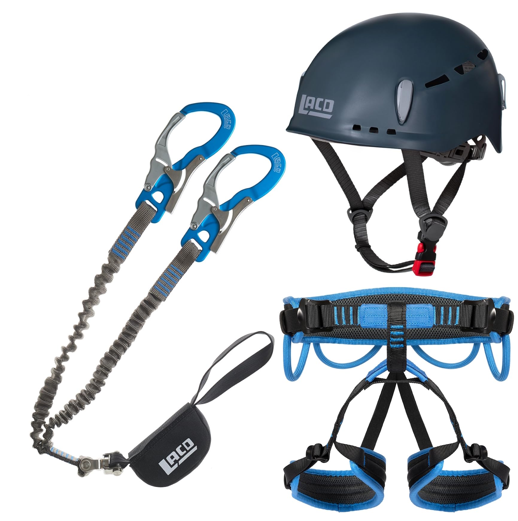 LACD Klettersteigset Ultimate Ferrata S mit Swivel + Helm Protector 2.0 midnight + Klettergurt Start 2.0 Größe M
