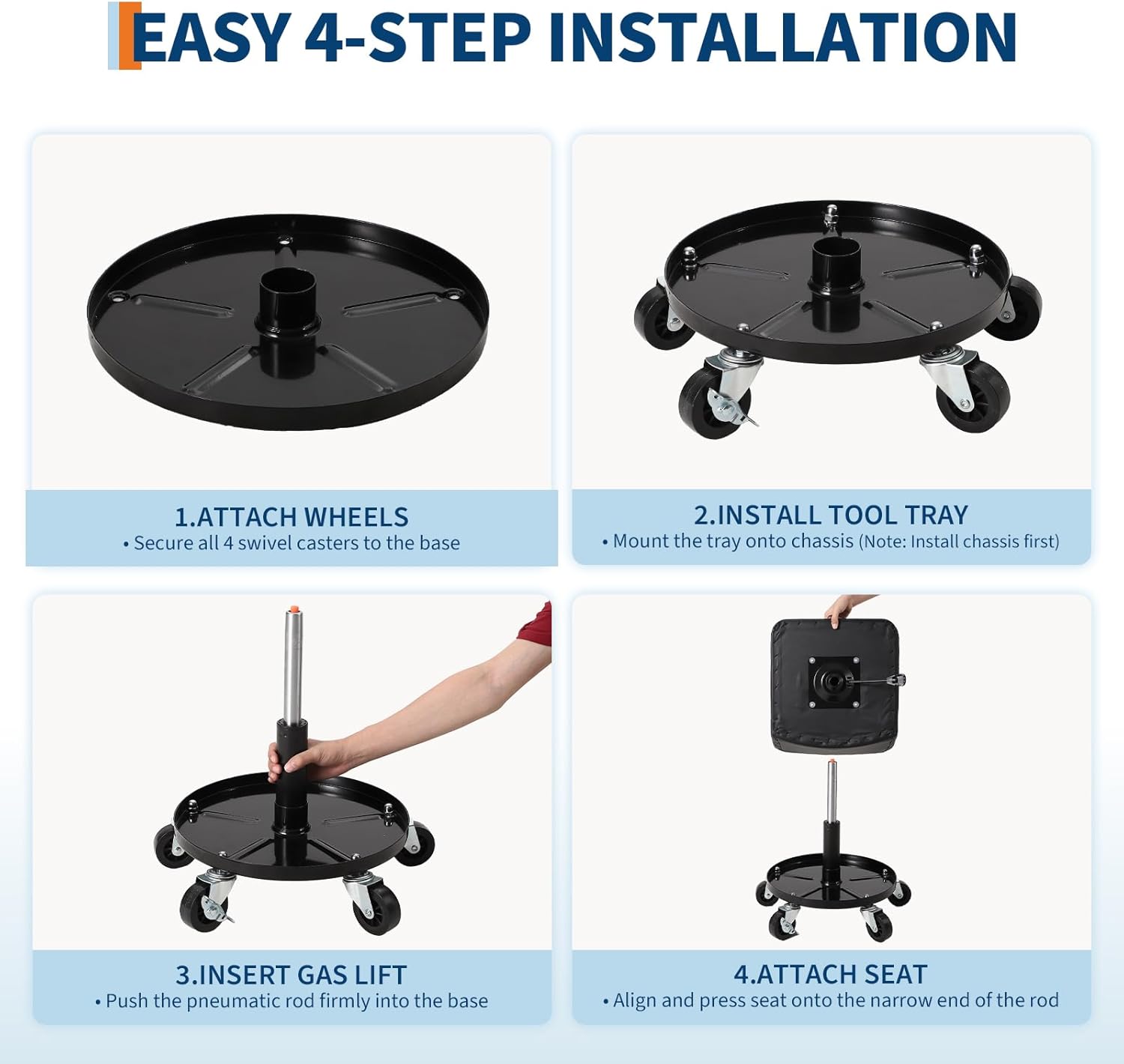Rolling Shop Stool w/ 3" Locking Swivel Wheels, 300LB Capacity, 18"-22" Height Adjustable with Soft Cushion & Tool Tray, Telescoping Mechanic Seat for Garage, Auto Repair, Heavy-Duty, Black