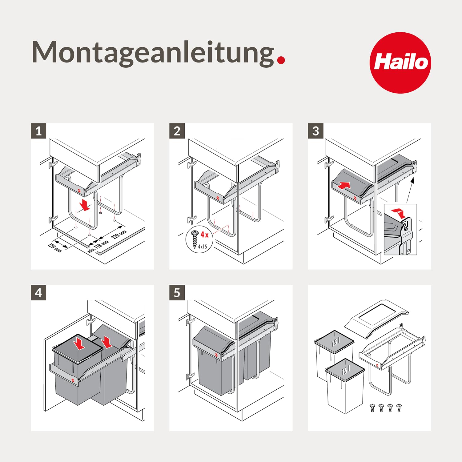 Hailo Abfallsammler Tandem 3650101 | 2fach Einbau-Mülleimer incl. 50 Müllbeutel | für Schränke ab 300 mm Breite | Bequemer Handauszug auf Rollenführung | Silber und Kunststoff Anthrazit