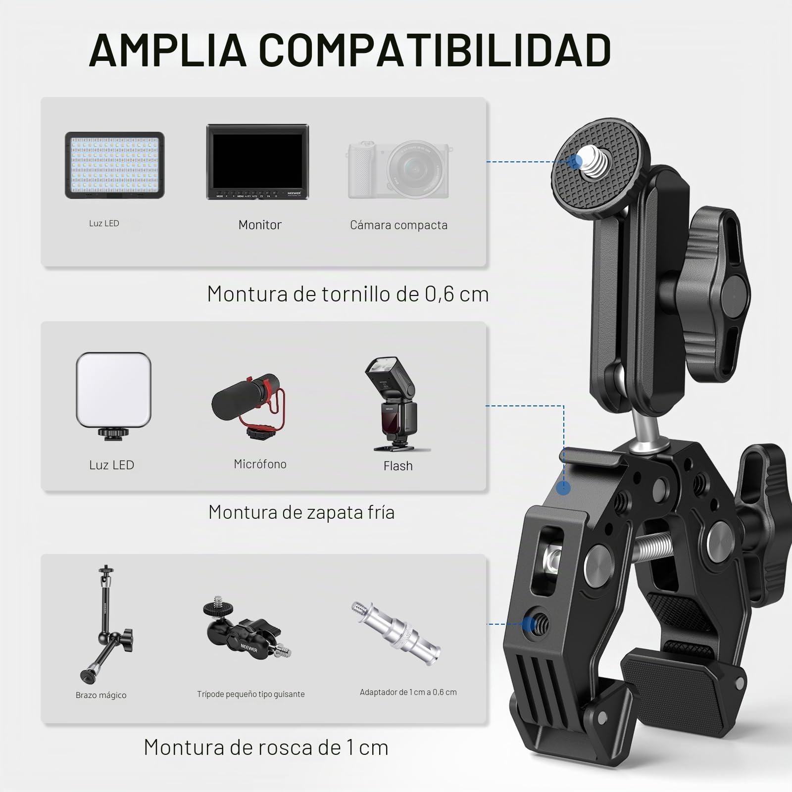 NEEWER Super Clamp con 3" Magic Arm de Doble Cabeza esférica, Cold Shoe, Rosca 1/4", Adaptador Teléfono/Cámara Acción para Trípode de Mesa Barras Gimbal, Compatible con SmallRig GoPro dji, ST83
