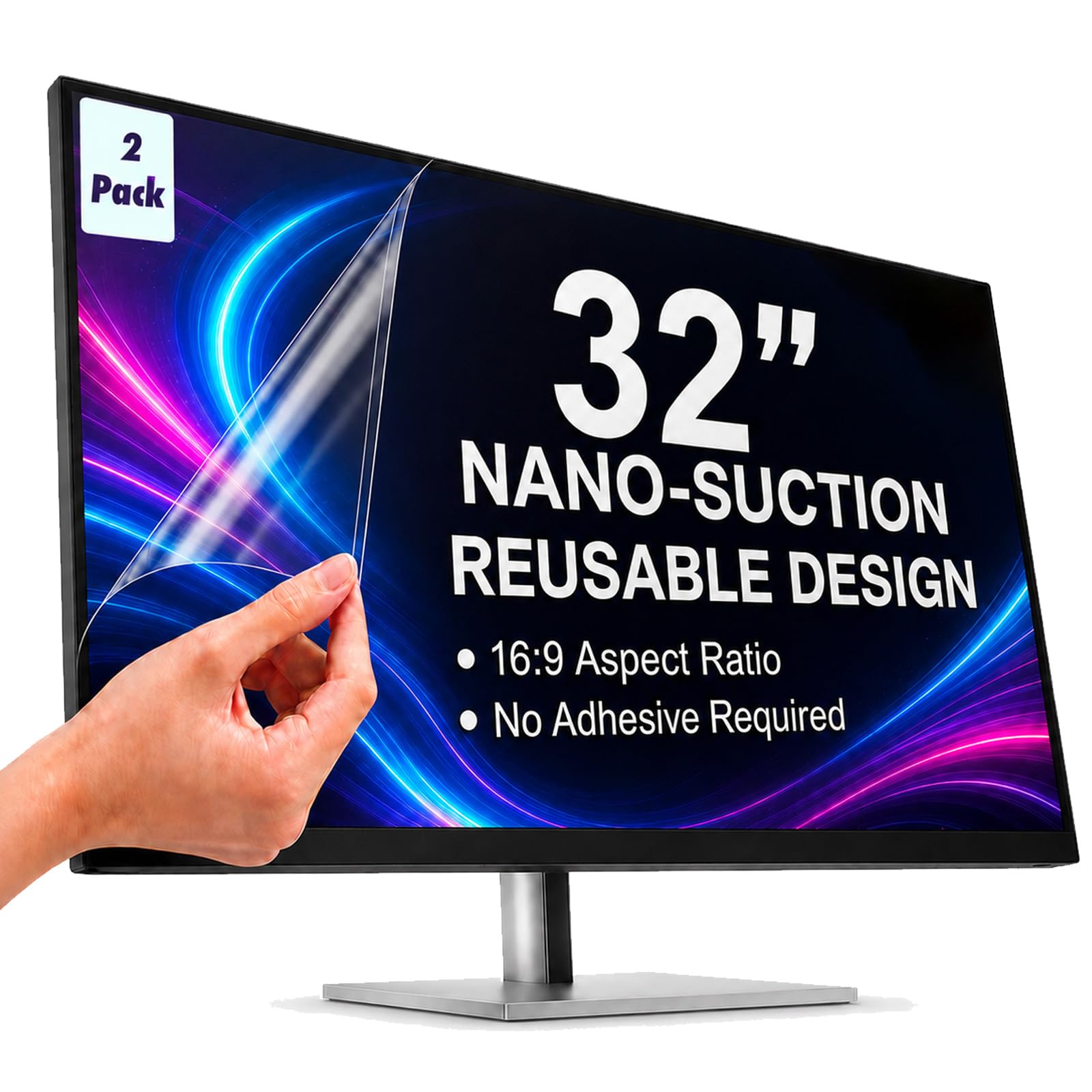 [2-Pack] Pellicola protettiva per monitor da 32 pollici per display 16:9, telaio a nano-aspirazione, filtro luce blu 87%, protezione UV 97%, filtro ottico antiriflesso, 95% trasparenza HD