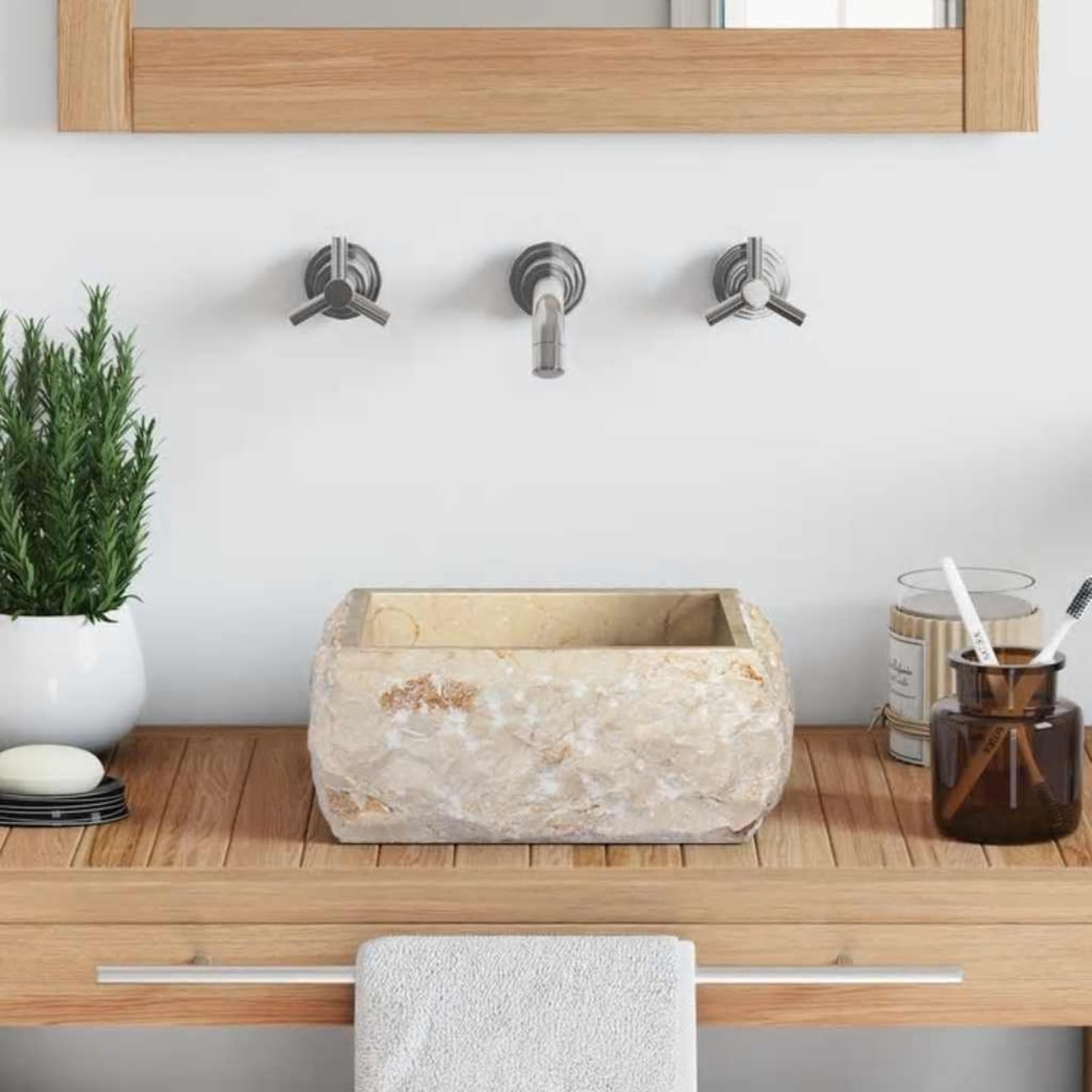 Gecheer Lavabo da appoggio in pietra naturale, lavabo, lavandino a mano, lavandino sopra, lavandino, bagno, crema, 30 x 30 x 13 cm