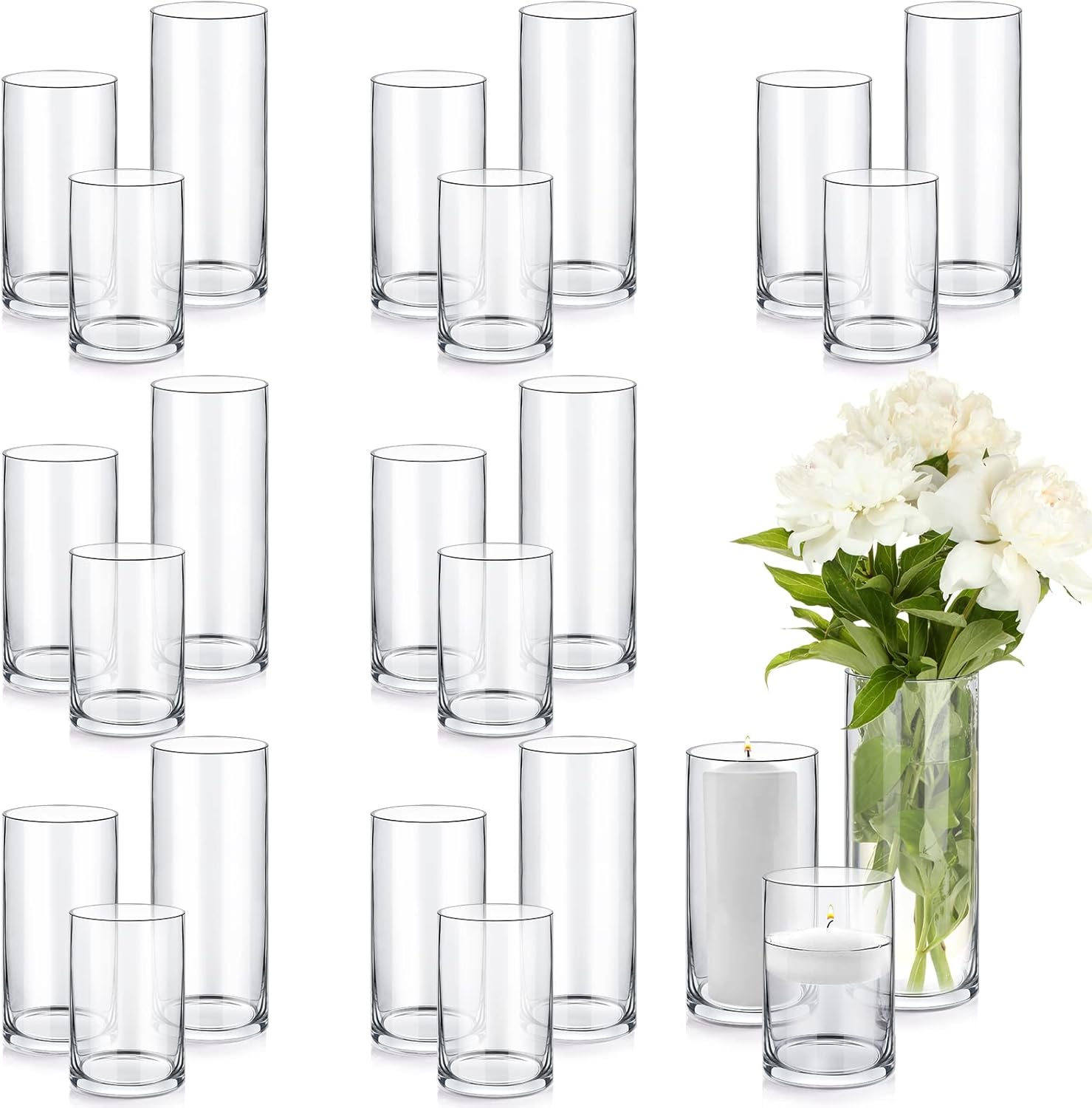 24 Pcs 4"x 6", 8", 10" Glass Cylinder Vases Hurricane Vase