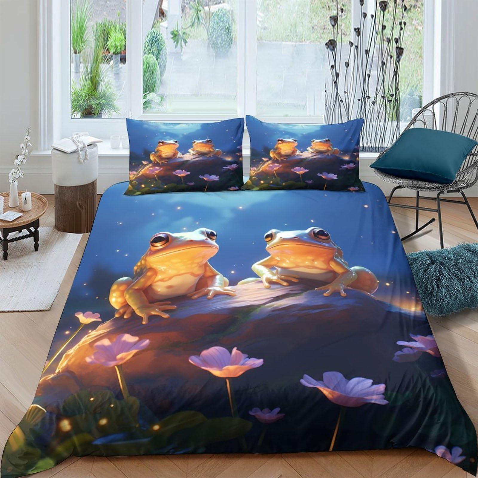 P5V6M1Q9 3D Printed Frog Pond Duvet Cover Microfiber Soft Breathable Flower Meadow Bedding Set with 2 Pillowcases for Bedroom Decor Single（135x200cm）