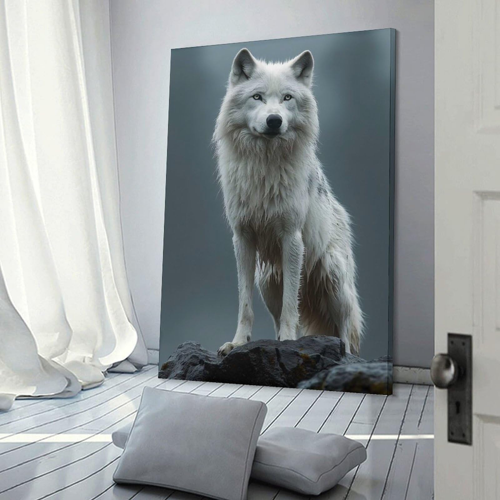Junmoney Majestic White Wolf Portrait Hanging Wall Art 16x24inch(40x60cm), for New Homes, Bedrooms Or Workspaces, Thoughtful Wall Decor for Art Lovers