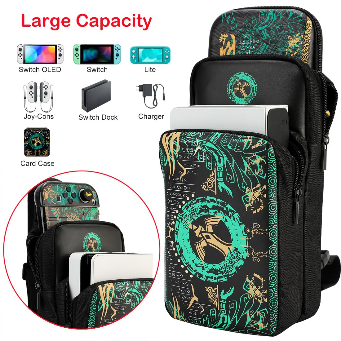 Owngen Cute Travel Bag for Nintendo Switch/Lite/OLED, for Tears of the Kingdom Portable Sling Shoulder Crossbody Carrying Storage Accessories Backpack with Cute Game Card Case, 4 Thumb Grip Caps - Image 2