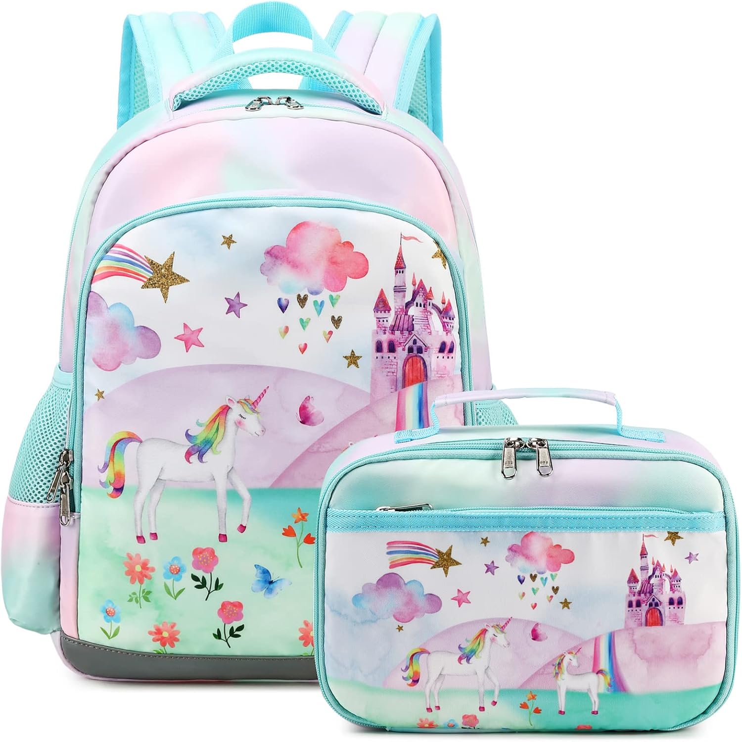 Octsky Backpack for Girls Kids School Backpacks with Lunch Box Preschool Kindergarten BookBag Set With Chest Strap (Castle Unicorn Green)