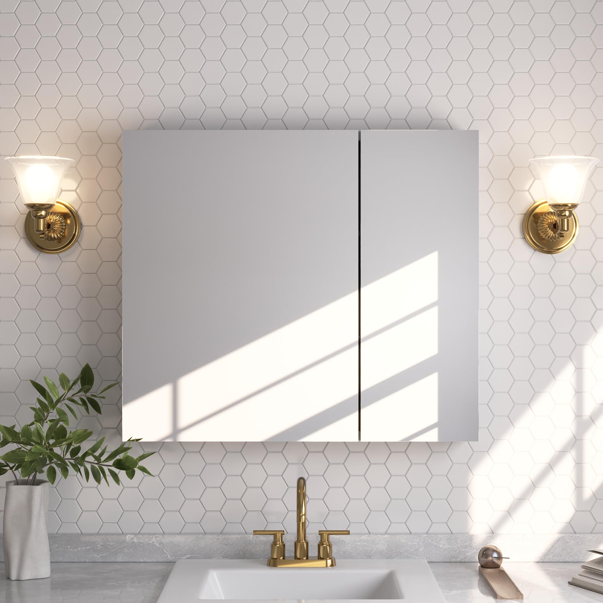 DeerValley 30 x 26 Inch Medicine Cabinet with Mirror, Bathroom Mirror Cabinet with Adjustable Glass Shelves, Wall Mounted Cabinet with Double-Sided Mirrors Frameless Slow-Closing Door