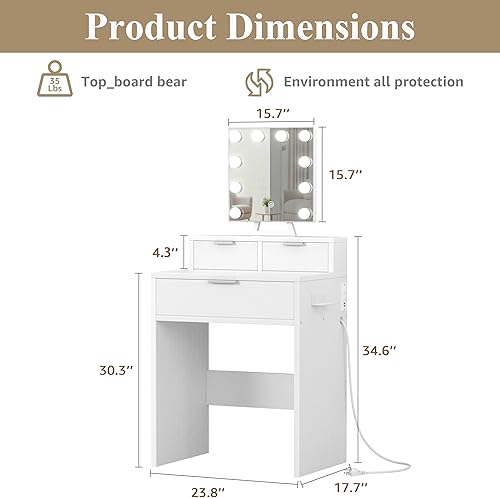Miniatura 3 de BOLUO Escritorio de Maquillaje Blanco con Espejo de Hollywood y Luces, Mesa Compacta de Maquillaje para Niñas con Cajones y Enchufe para Dormitorio