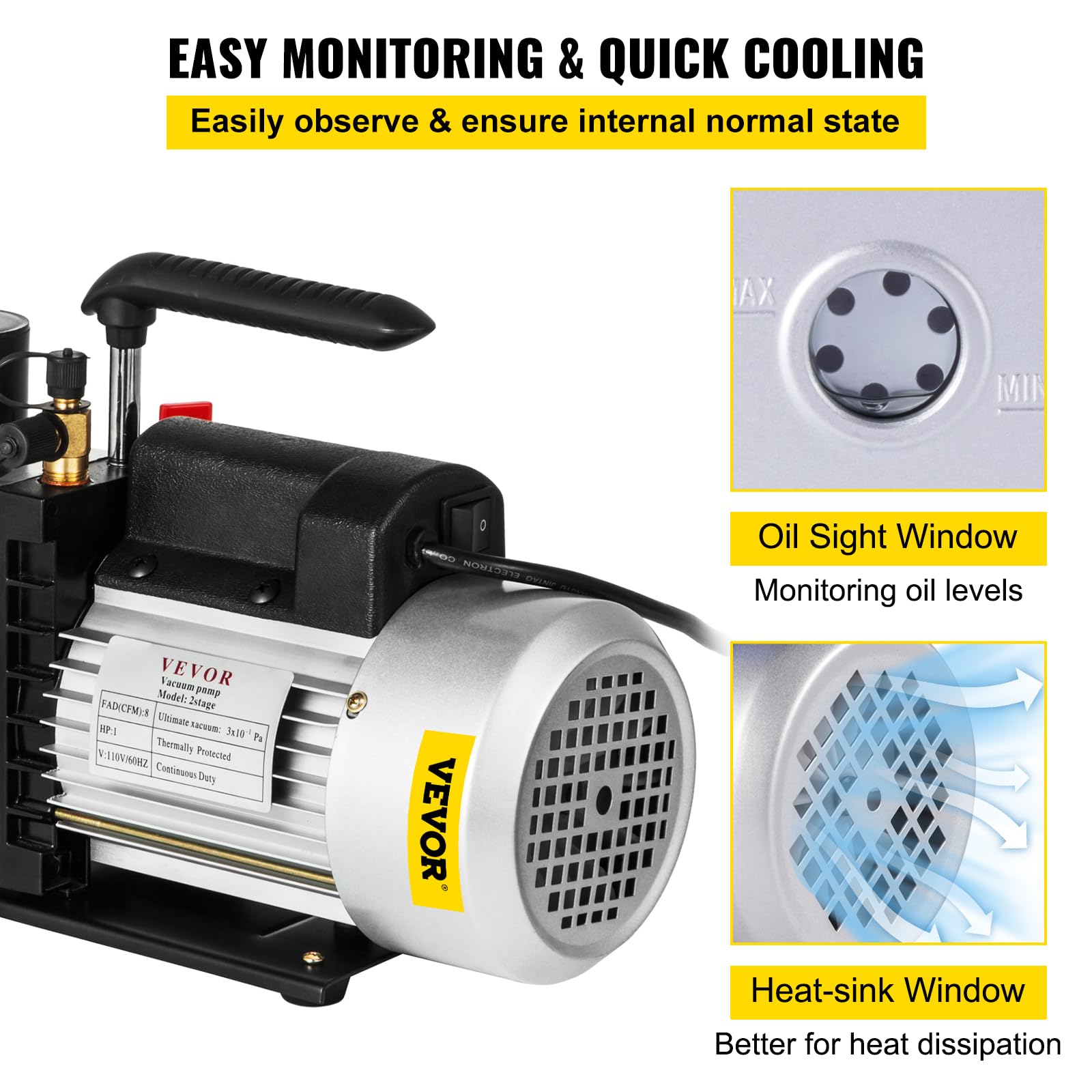 VEVOR Vakuumpumpe 8 CFM 3/4 HP Zweistufige Klimaanlagen-Vakuumpumpe 220V 0,3 PA Ultimatives Vakuum Kältemittel HVAC Werkzeug für Automobile Reparatur Vakuum Evakuierung