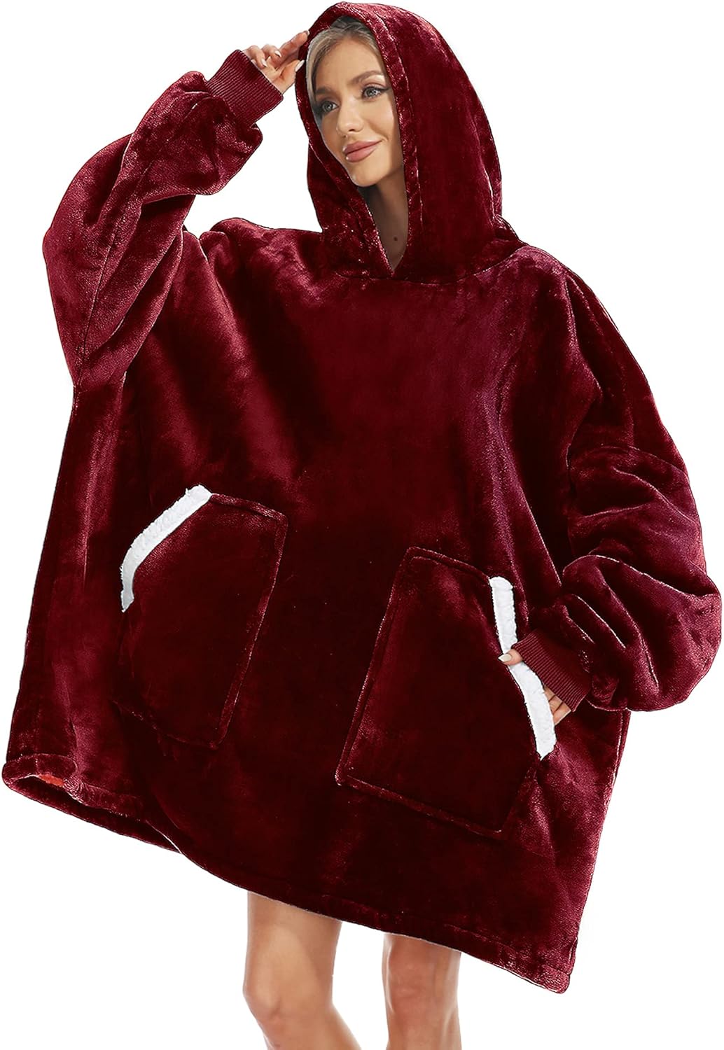 Kipswiza Oversized Wearable Blanket Hoodie Cool Mothers Day Gifts for Mom Girls Women Men, Cozy Soft Sherpa Big Hooded Blankets Sweatshirt Blanket - Wine Red - Image 2