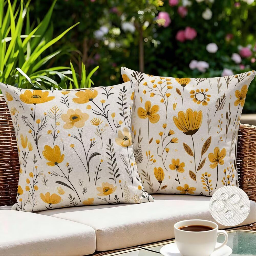 Federe Cuscini da Esterno Impermeabili 65x65 Giallo Copri Cuscini per Divano Floreale Federa Cuscino Primavera Decorativi Copricuscini per Divano Giardino Soggiorno Copricuscino Set di 2 (IU151)