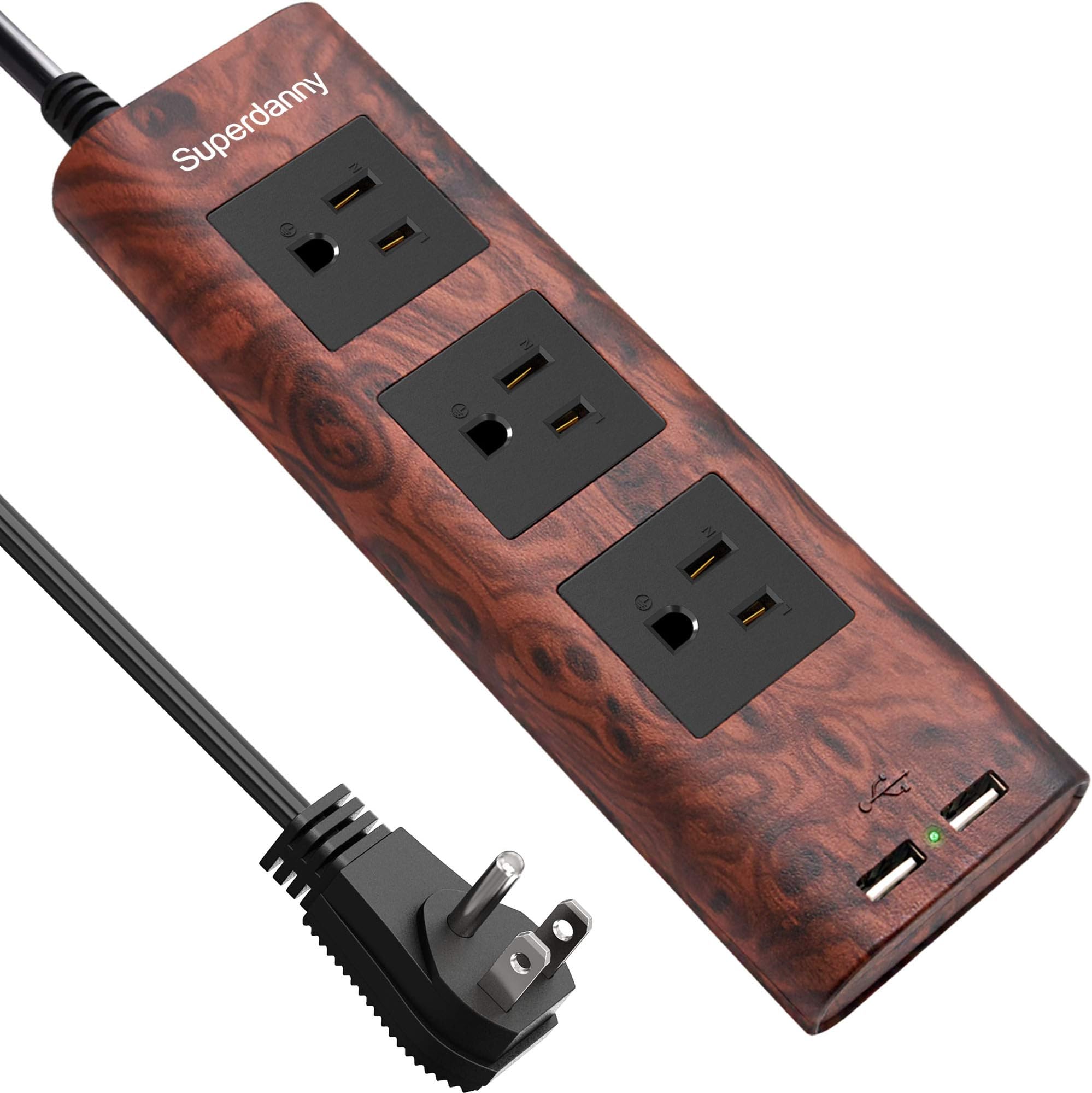 Surge Protector Power Strip 10 ft Extension Cord 3 Outlet 2 USB Desktop Charging Station Fire Proof with Cable Tie Adjustable Voltage for iPhone iPad Computer Home Office Vintage Wood Grain SUPERDANNY