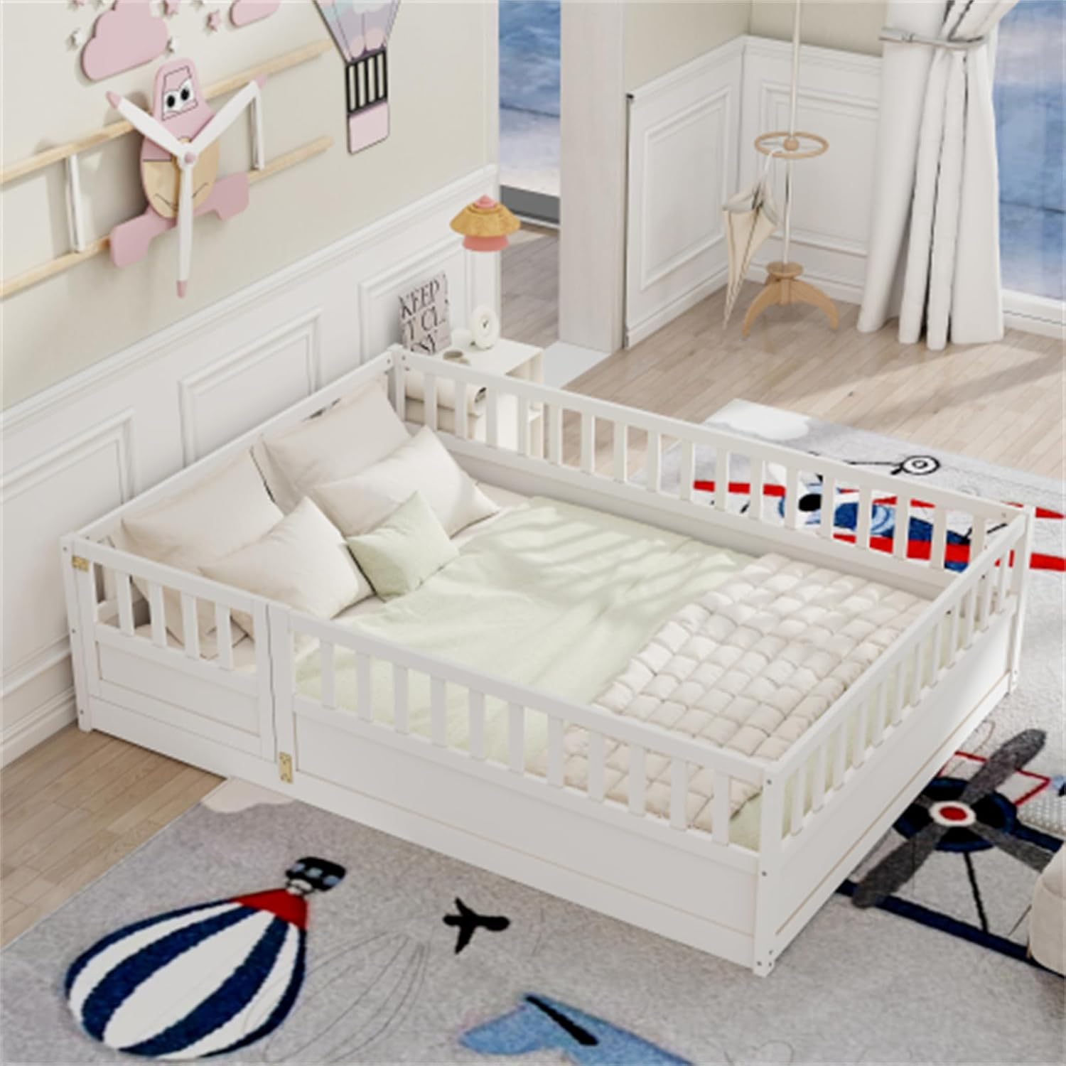 Full Size Floor Bed, Integral Construction with Super high Security Barrier, Door, Children's Floor Bed Frame, Montessori Wooden Children's Floor Bed, Support Slat White