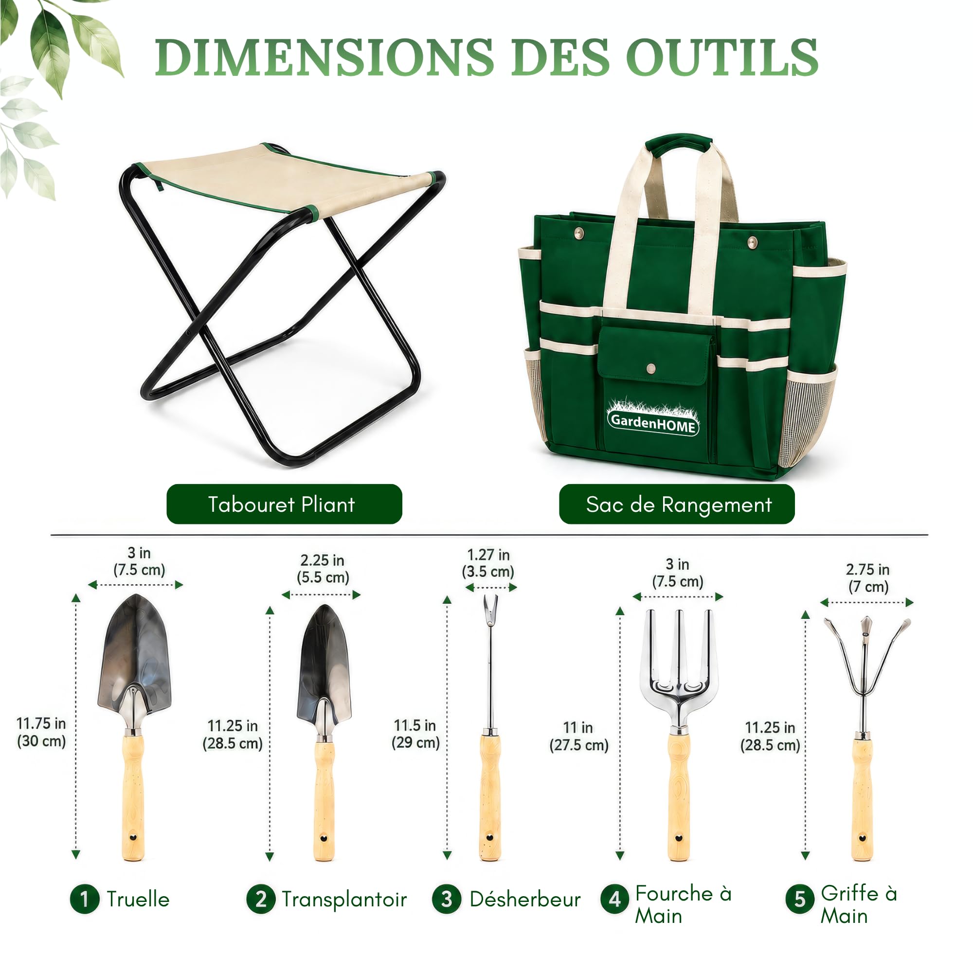GardenHOME Kit Complet d'Outils de Jardinage - 7 Pièces, Acier Inoxydable Robuste, Tabouret Pliant Solide, Sac à Outils Détachable