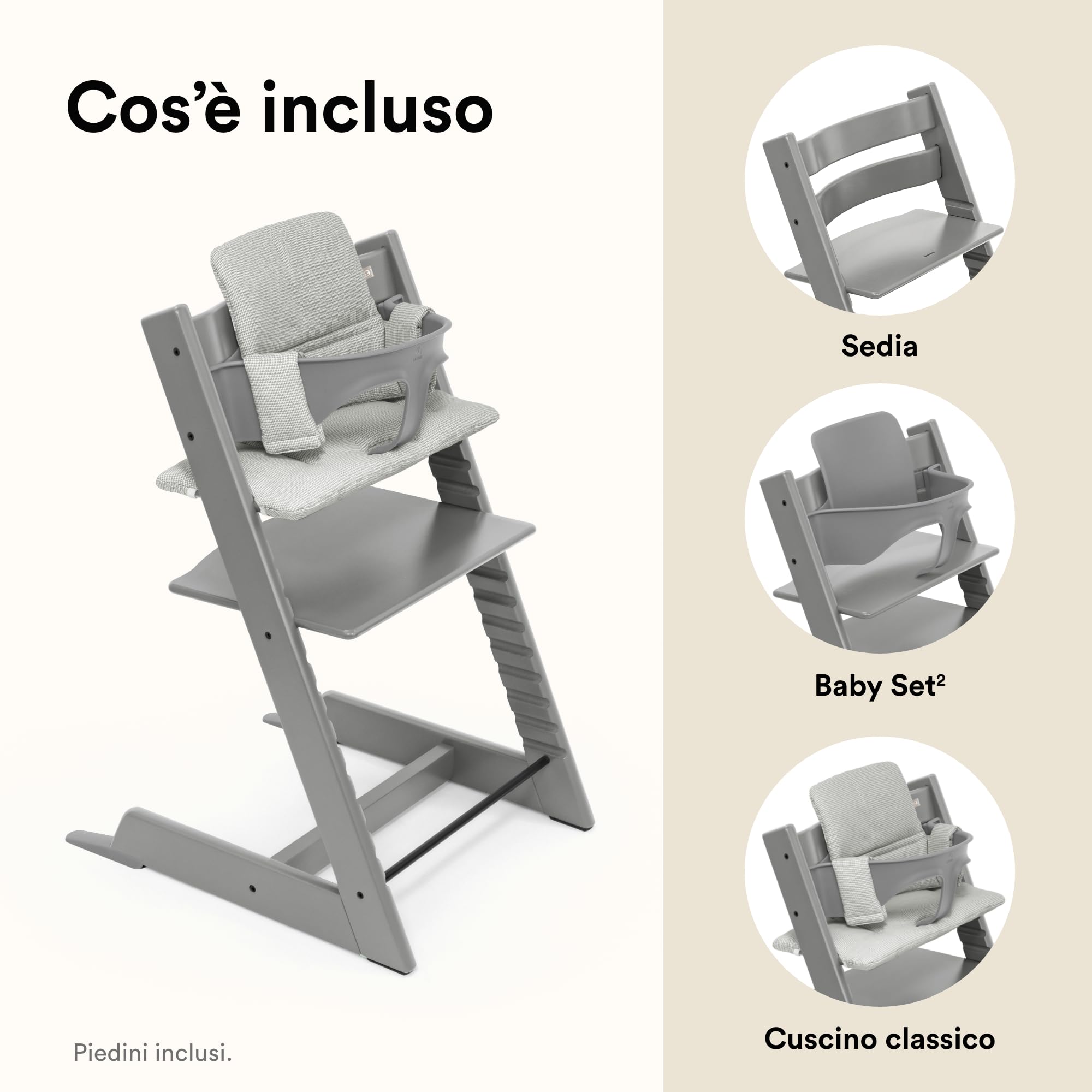 Seggiolone Stokke Tripp Trapp (Storm Grey) con cuscino OCS (Nordic Grey) - Include sedia Tripp Trapp, Baby Set 2 per bambini da 6 a 36 mesi e cuscino - Regolabile, ergonomico e facile da pulire