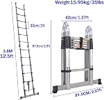 A-Frame Telescoping Ladder 3.8M Dual Purpose Stainless Steel Telescopic Ladder with Support Bar Adjustable Lightweight Compact Ladders for Household or RV Outdoor Work,330lb Load Capacity(1.9M+1.9M)
