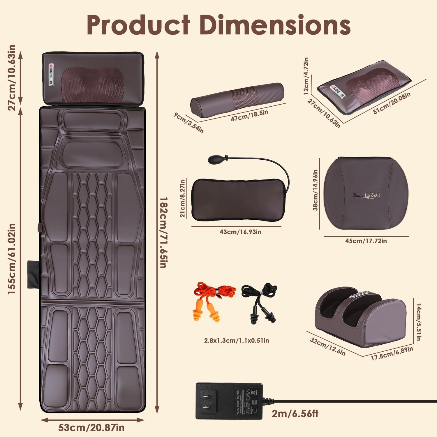 KOCASO PU Leather Full Body Massage Mat Multifunctional Massage Chair Pad with Heat Timer Shiatsu Neck Foot Massager Lumbar Pillow Carry Bag Earplugs Anti-Slip Bottom for Reclining Chair