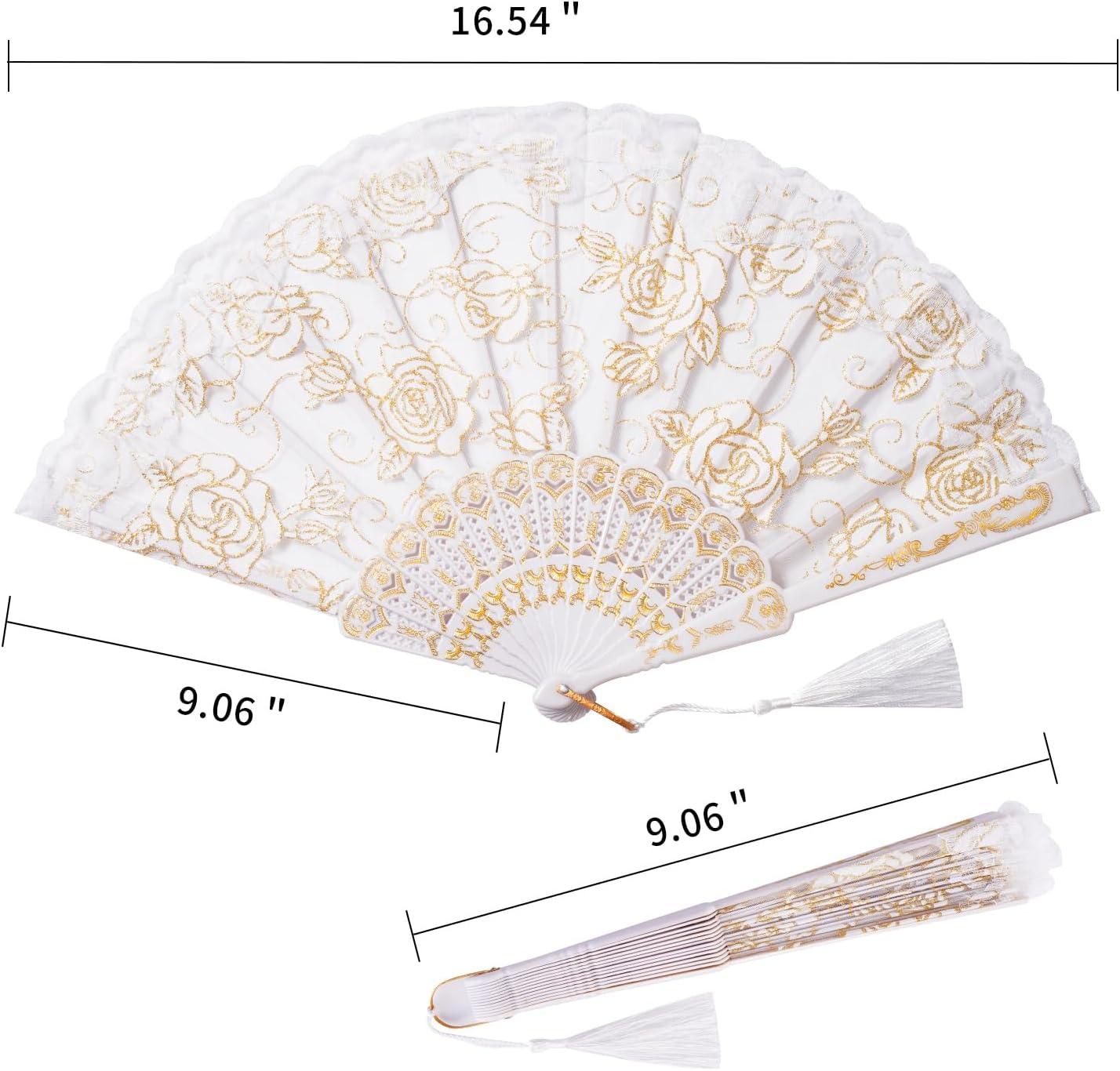 30pcs White Rose Lace Floral Folding Hand Fans Chinese Retro Folding Fan Bridal Dancing Props Church Wedding Party Favors with Organza Bags