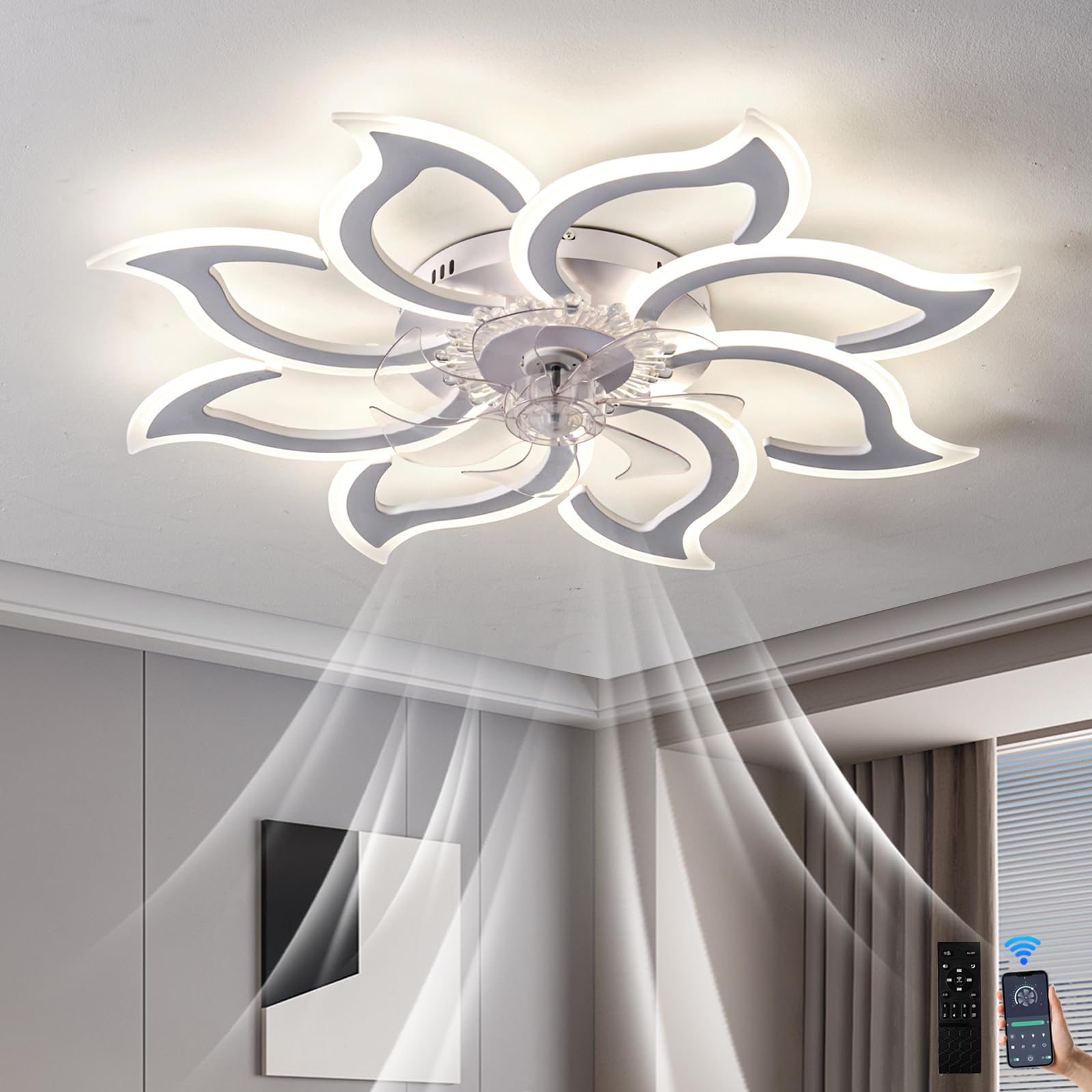 Inrosy Ceiling Fans with Lights and Remote, 94cm Modern Smart Led Flower Fan Light, 6 Speeds and 3000k-6500k Dimmable Quiet Fan Light for Bedroom Living Room Dining Room White
