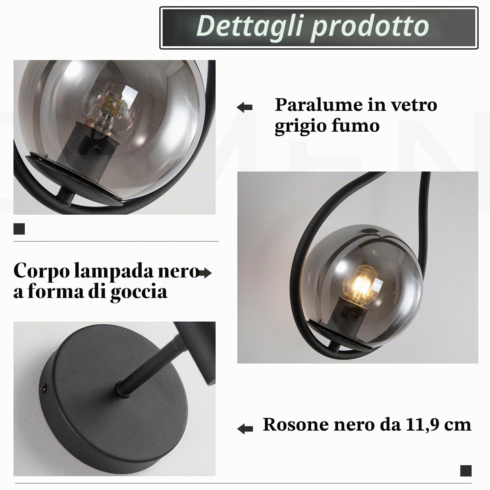 KCO Lighting Lampada da Parete Moderna a Globo di Metà Secolo Con Paralume Grigio Fumo, Wireless, Nero e Grigio Fumo per Soggiorno, Camera da Letto, Corridoio