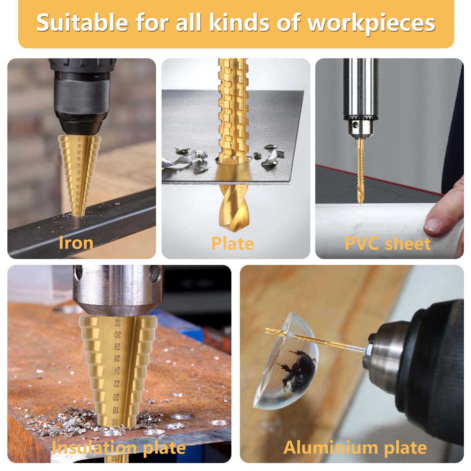 MXTIMWAN Fresa Conica Trapano a Gradini,6 Pezzi,Punte Coniche HSS Trapano in Titanio,Punte a Gradino con Gambo Esagonale,Punte a Gradini 4-32mm、4-20mm、4-12mm per Legno, Metallo, Plastica, Alluminio