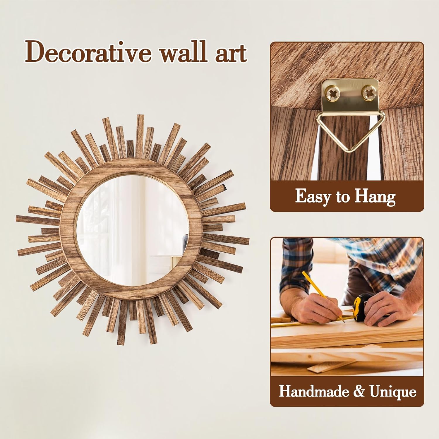 12 Inch Boho Sunburst Mirror, Round Wooden Wall Decor Starburst Sun Mirror for Bedroom, Living Room, Bathroom, Hallway, Balcony, Farmhouse Entryway, Housewarming Gift