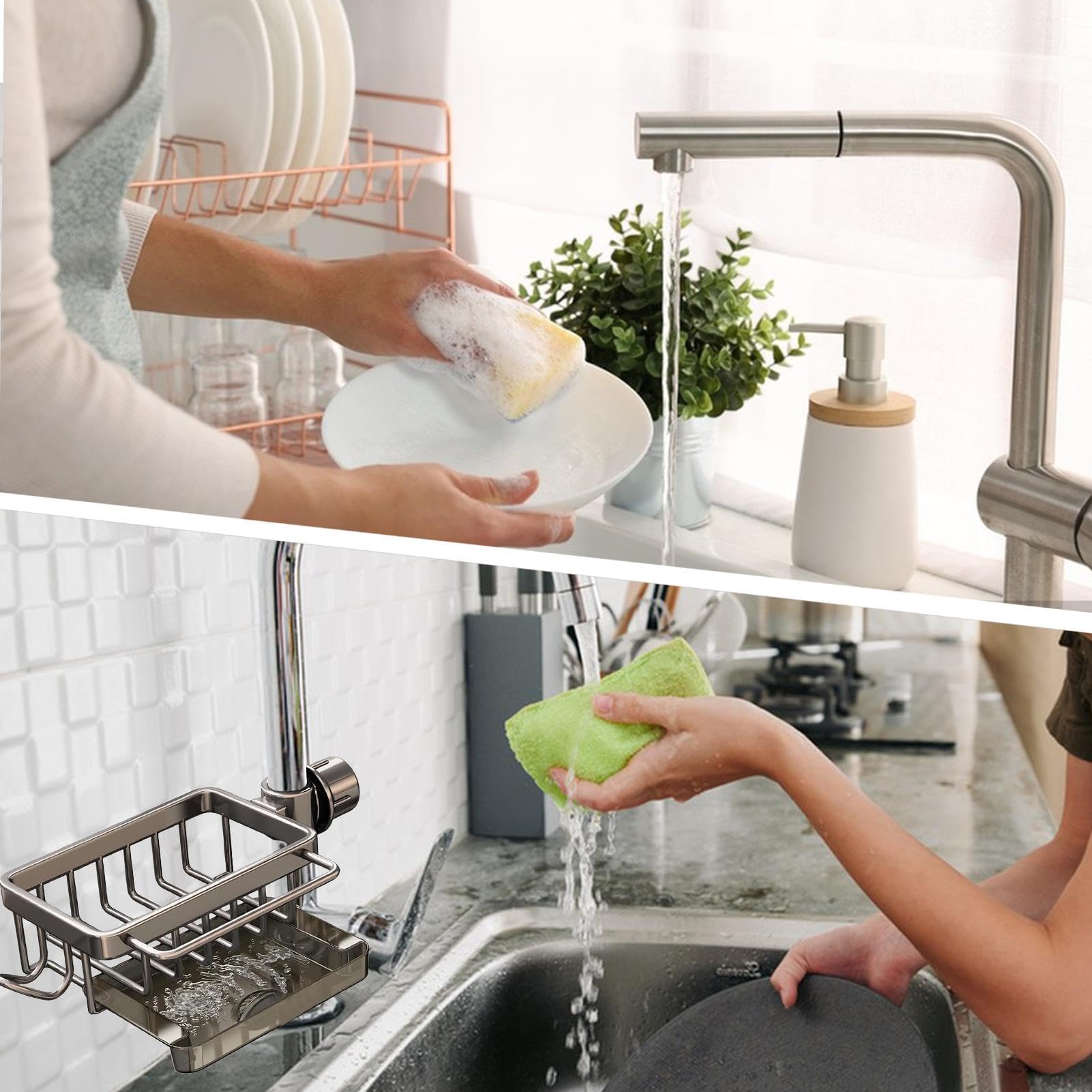 Porte-éponge Multifonctionnel en Aluminium pour évier de Cuisine, Rangement pour ustensiles, égouttoir à éponges et brosses, et Support pour éponges.