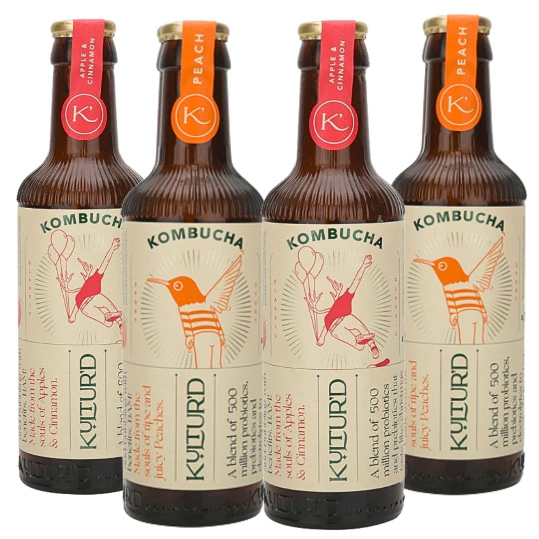 Kultur'd Kombucha - Peach, Apple Cinnamon Pack of 4 | Fermented, All natural, Gut Healthy Drink | 4 x 220ml | Vegan, Preservative free, Low calorie, Low sugar