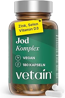 VETAIN Jod Komplex für die Schilddrüse - 180 Kapseln - mit Jod aus Bio-Kelp, Selen, Vitamin D3, Zink - 6 Monate Vorrat - hochdosiert, vegan & ohne Zusätze - produziert & laborgeprüft in Deutschland