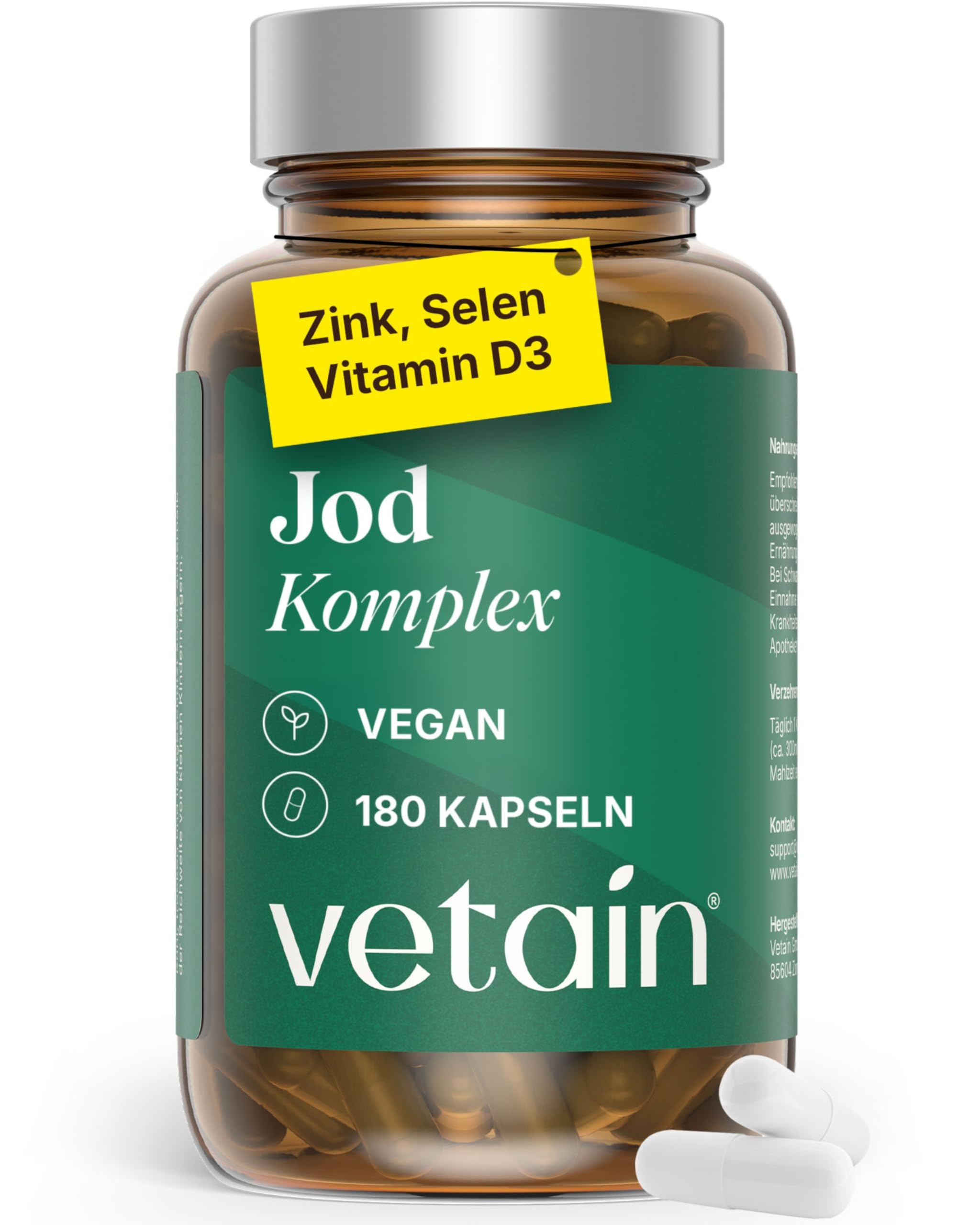 VETAIN Jod Komplex Schilddrüse - 150µg Jod aus Meeresalge Kelp, Selen, Zink, Vitamin D3-180 Kapseln - 6 Monate Vorrat - hochdosiert, vegan & ohne Zusätze - produziert in Deutschland