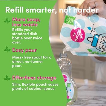 Dapple Baby Fragrance-Free Bottle & Dish Soap Refill Pouch - (2 Pack) 33.8 fl oz - Plant-Powered Cleaner for Baby Bottles, Pump Parts, and Sippy Cups