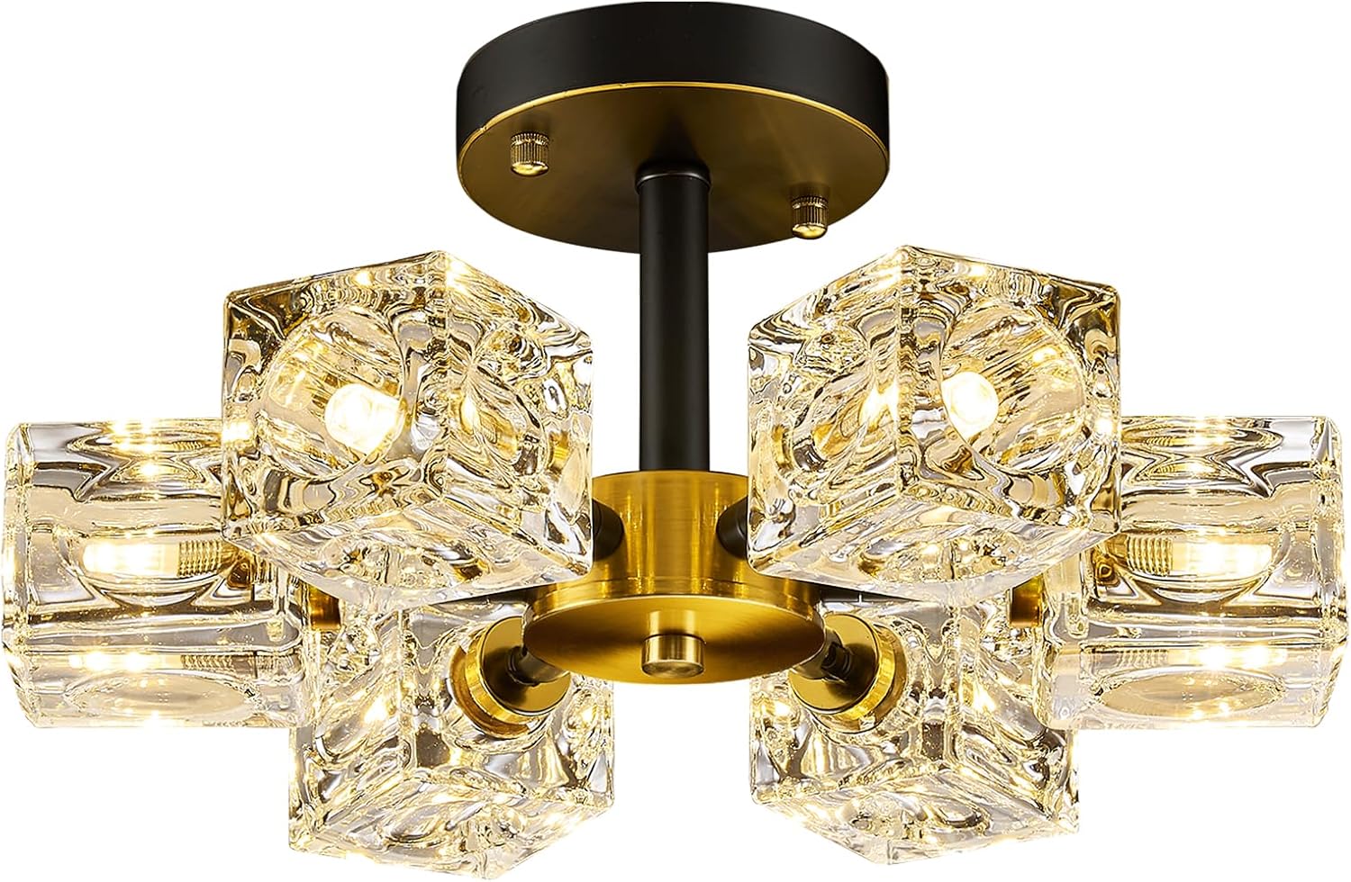 Black Modern Crystal Chandelier, 6-Light Semi Flush Mount Ceiling Light with Cube Glass Shades, Industrial Sputnik Pendant Light for Dining Room,Bedroom,Kitchen Island,Entrway,Hallway