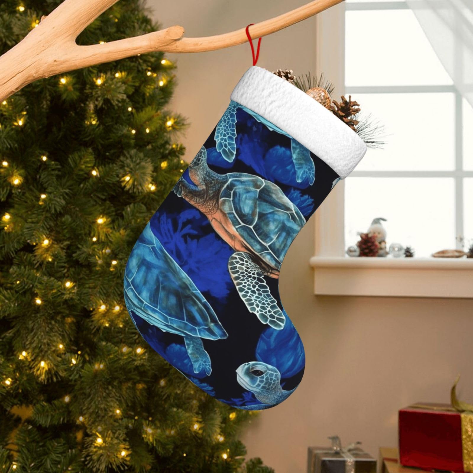 Velvet Christmas Stockings 17.7 Inch, Blue Sea Turtle in Ocean Xmas Stocking with Soft Cuff,Classic Personalized Christmas Tree Decoration for Family Holiday New Year Party Supplies