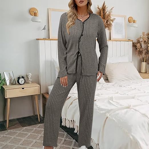 Damens Hausanzug Strick-Set - Langarm Schlafanzug Mit V-Ausschnitt & Taschen