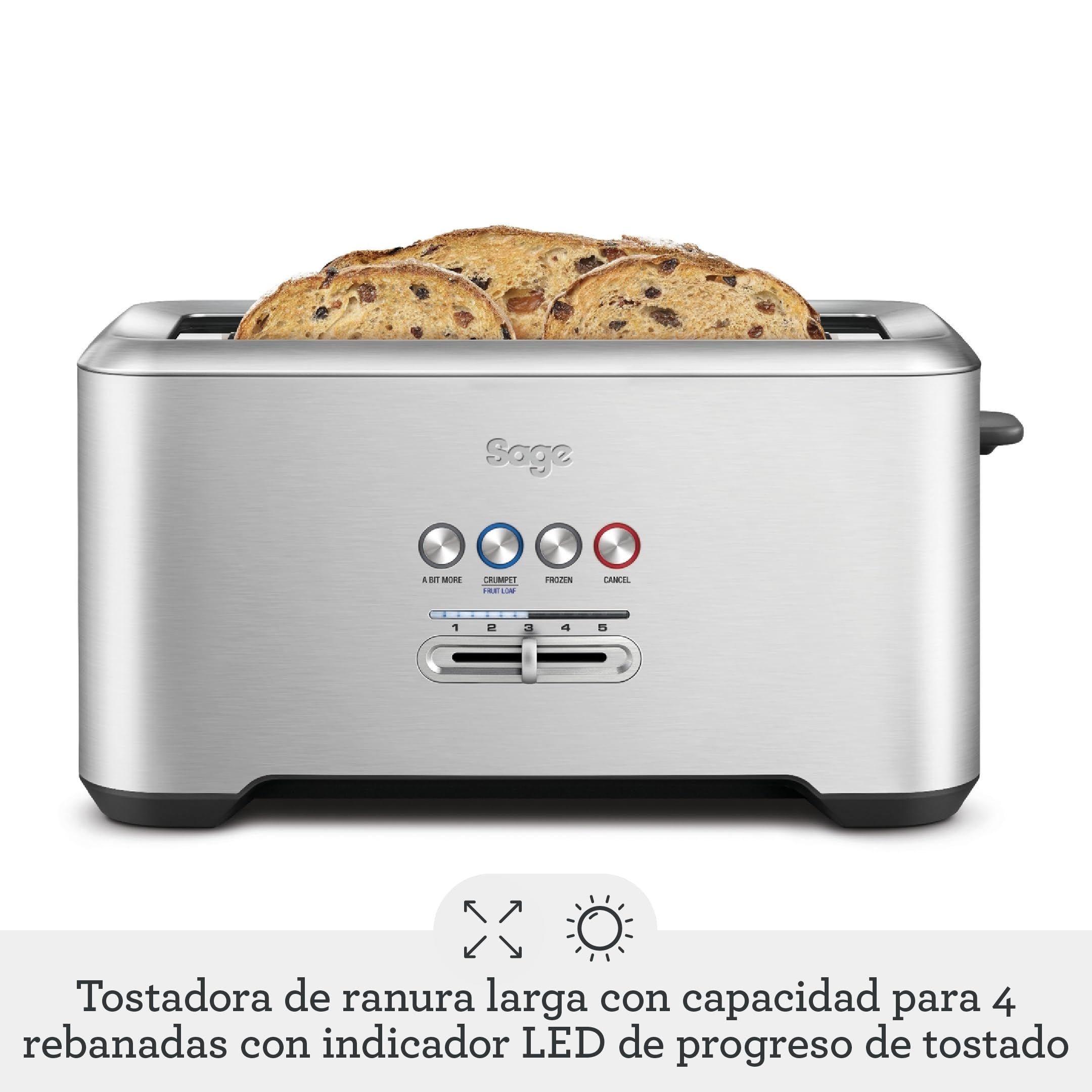 Sage Tostadora 'A Bit More' 4 Rebanadas, Acero Inoxidable | Ranuras Extra Anchas para Pan Artesanal & Bagels, Funciones Automáticas, Control de Tostado Variable
