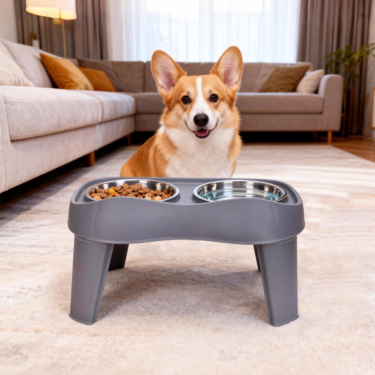 Petizer Large Sized Elevated Dog Bowls, No Spill Raised Height Stand Dog Feeder with 2 Thick 60OZ Stainless Steel Food and Water Bowl Set, Grey, for Medium Large, Food Dishes with Non-Slip Feet