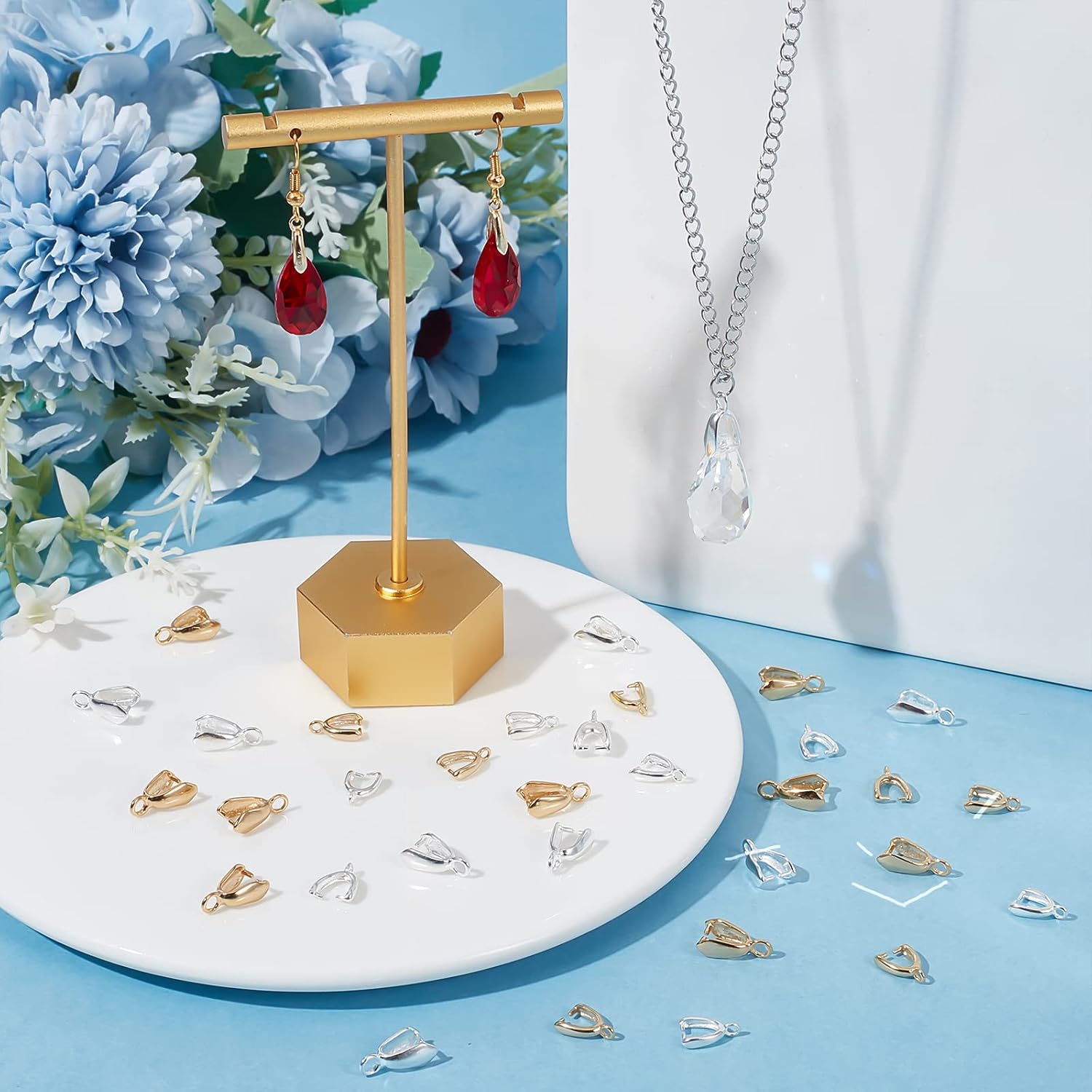 Beebeecraft 40Pcs 4 Style Pinch Bails for Pendants 18K Gold & Sterling Silver Plated Snap on Bails Dangle Charms Clasps Pendant Connector with Hole for Jewelry Making