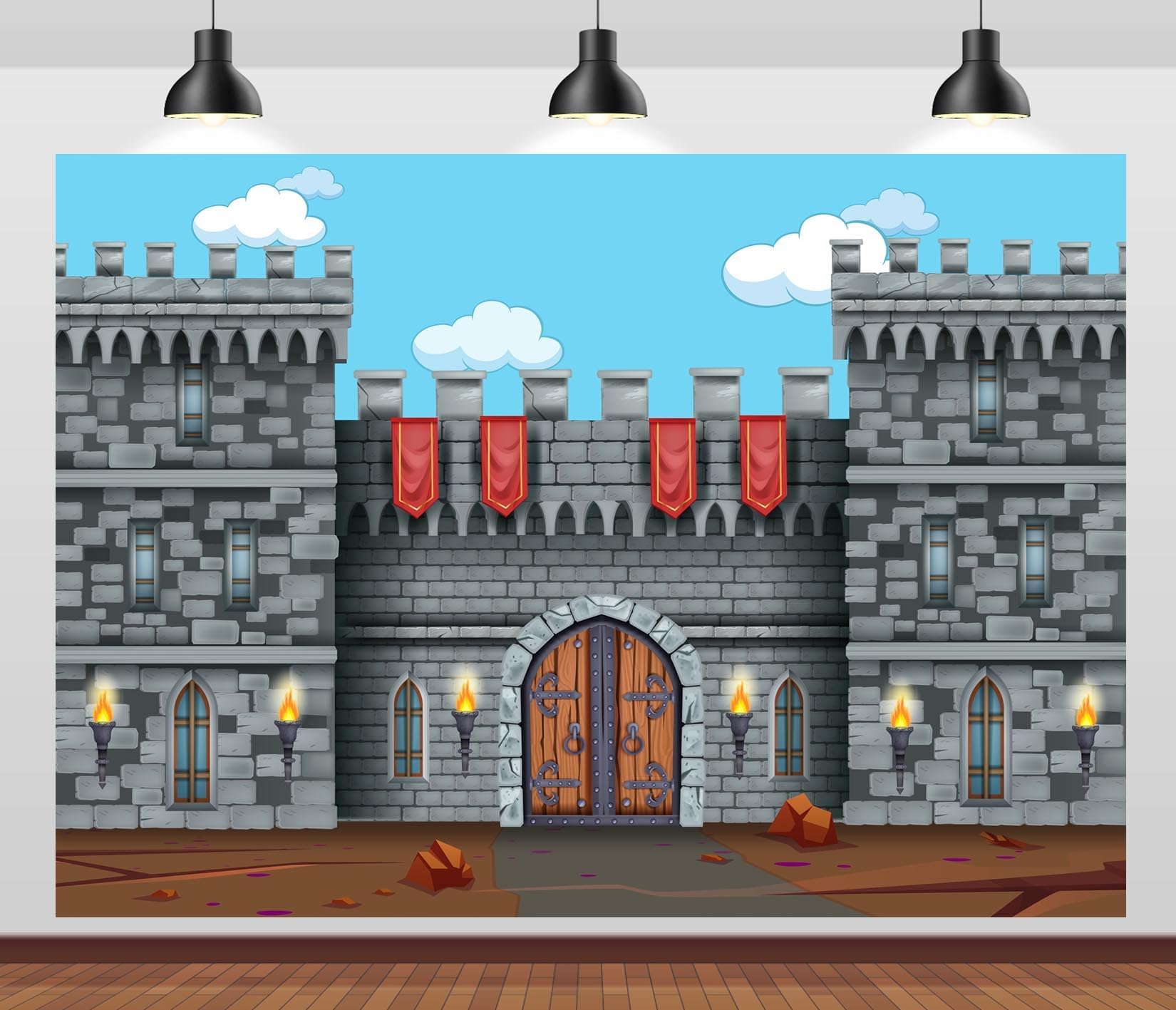 CORFOTO 7x5ft Fabric Medieval Castle Backdrop Stone Wall Drawbridge Keepers of The Kingdom Photo Background for Medieval Birthday Party Decorations