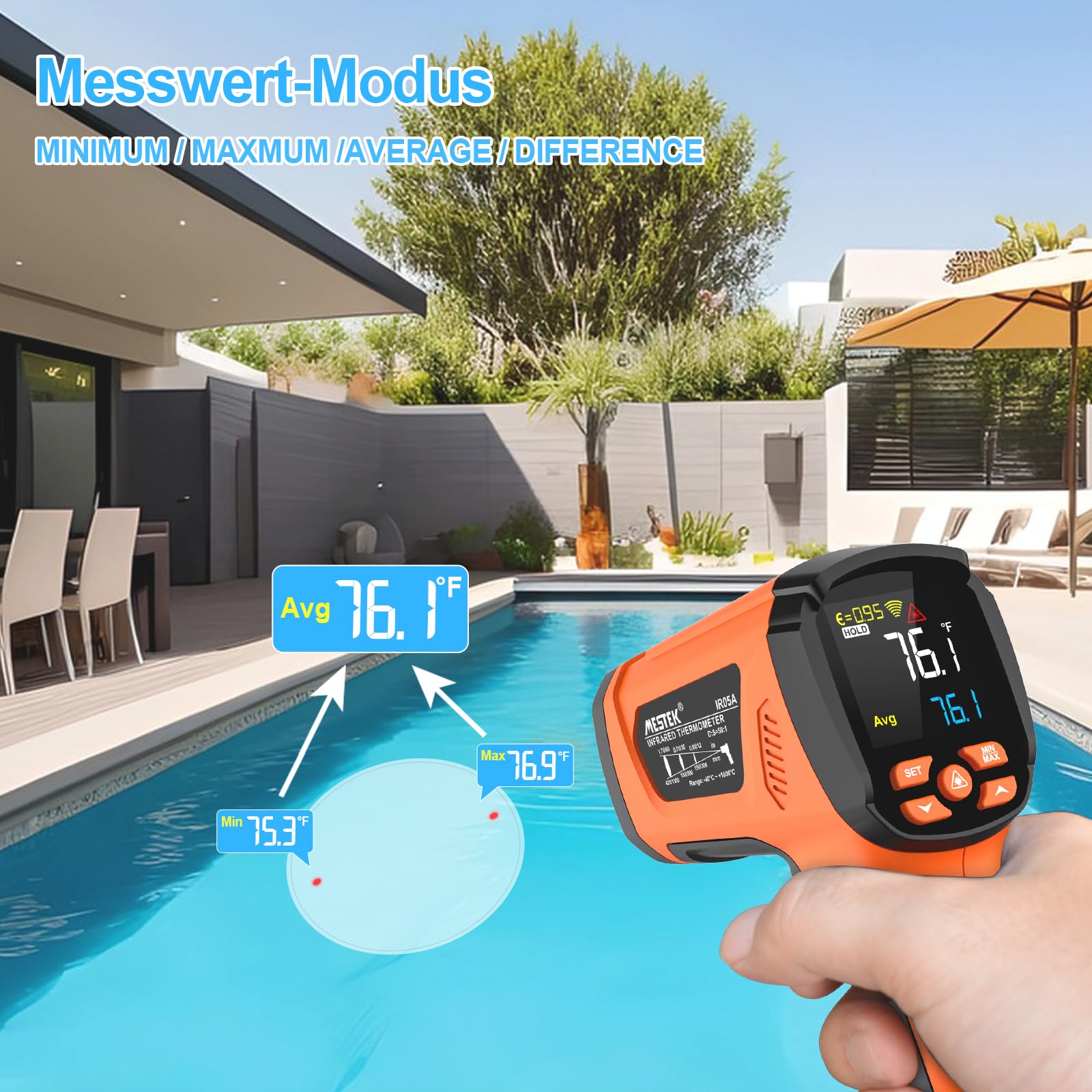 MESTEK Termometro a Infrarossi Digitale -40°C~1600°C con K-Probe Senza Contatto LCD