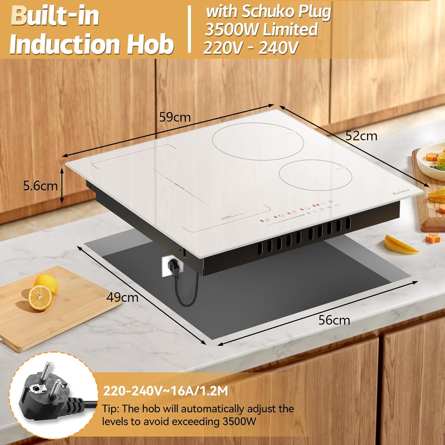 Karinear Induction Hob with dimensions and power plug details