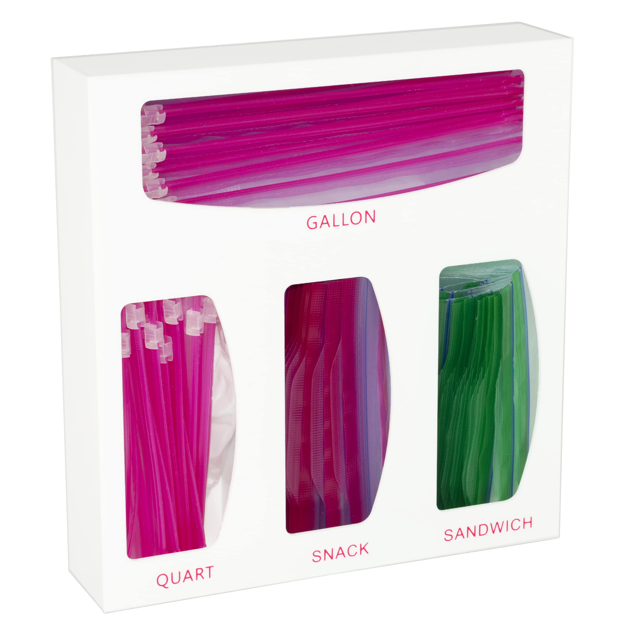 SEANADO Acrylic Ziplock Bag Storage Organizer, Bamboo Baggie Organizer Dispenser for Kitchen Drawer and Wall Mount，Compatible with Ziploc, Gallon, Quart, Sandwich & Snack Variety Size Bag(White)